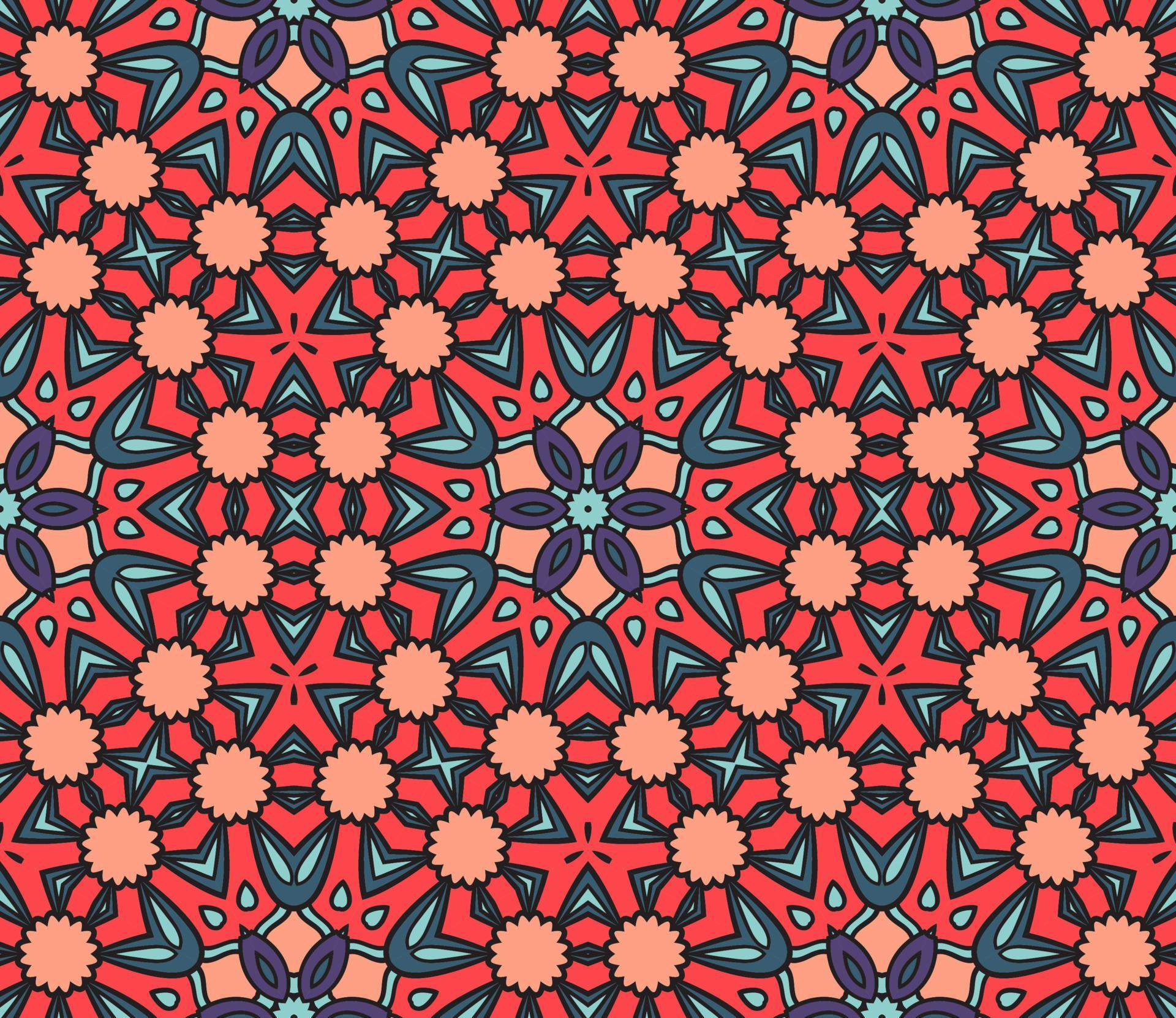 Abstract colorful doodle geometric flower seamless pattern. Floral background. Mosaic, geo tile of thin line ornament. Stock Free