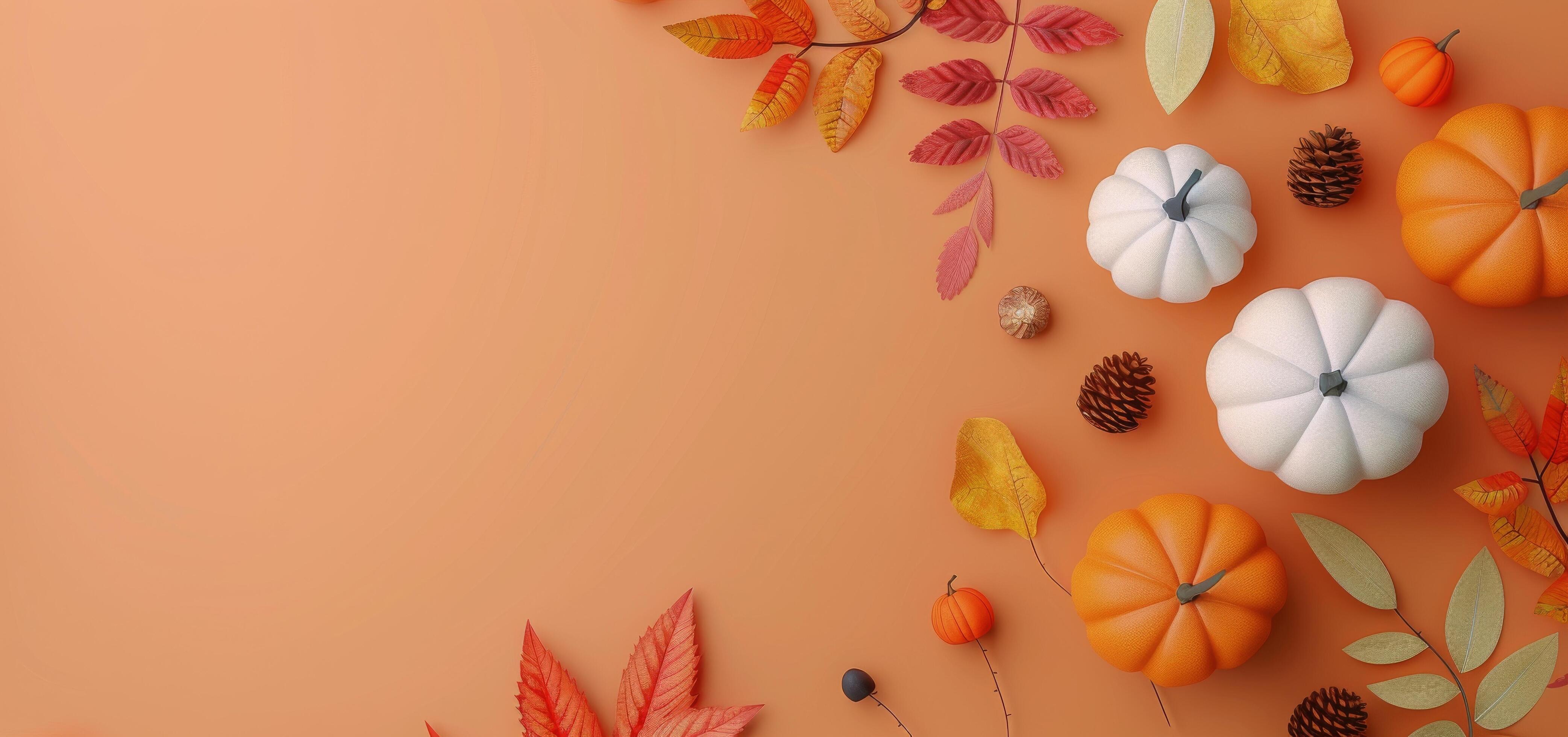 Autumn Decor With Colorful Pumpkins And Fall Leaves On Orange Background Stock Free