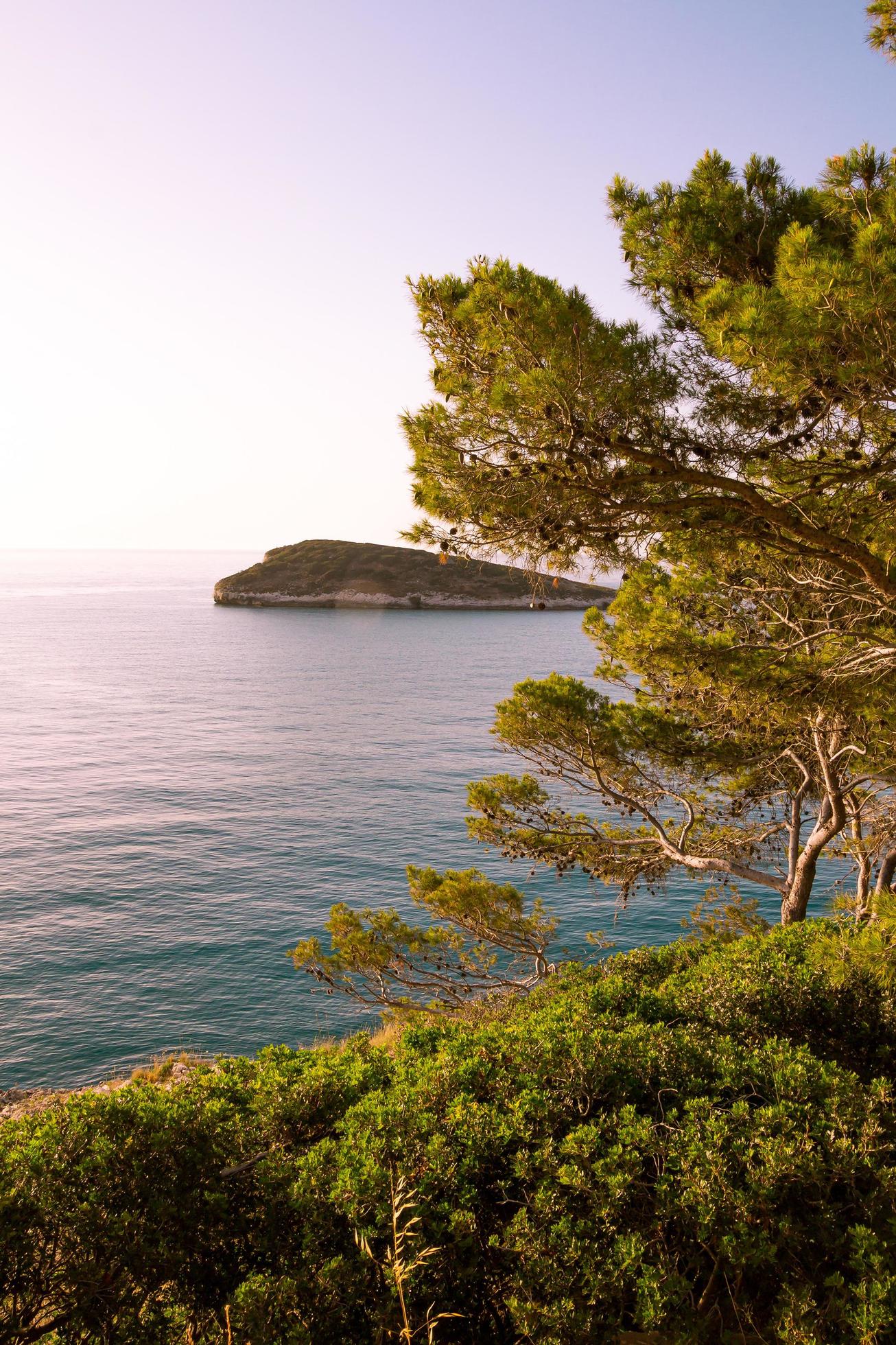 View to little island Campi seen from coastal road from Vieste to Mattinata at Gargano National Park, Apulia, Italy Stock Free