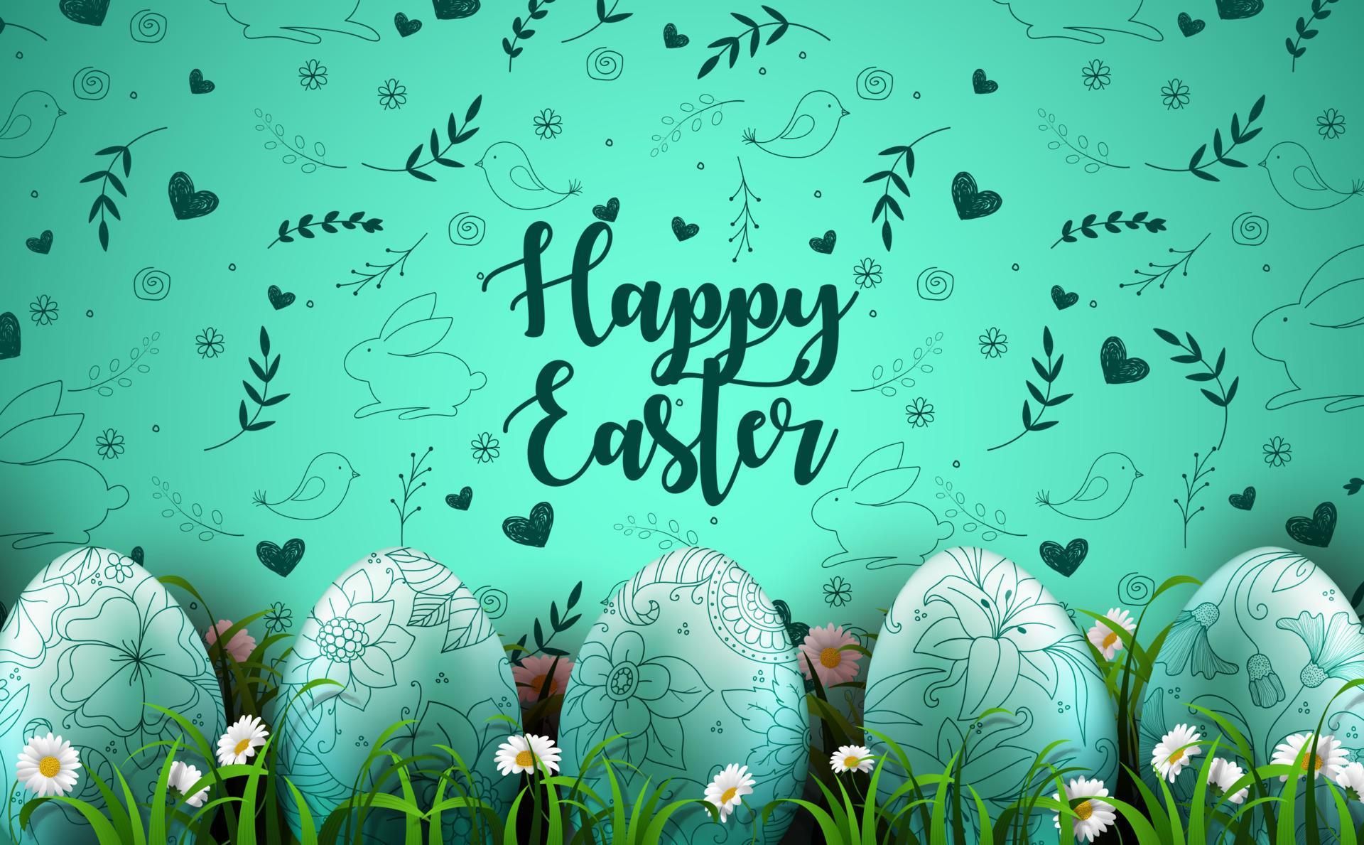 Happy Easter background with realistic eggs and daisy flowers in the grass Stock Free