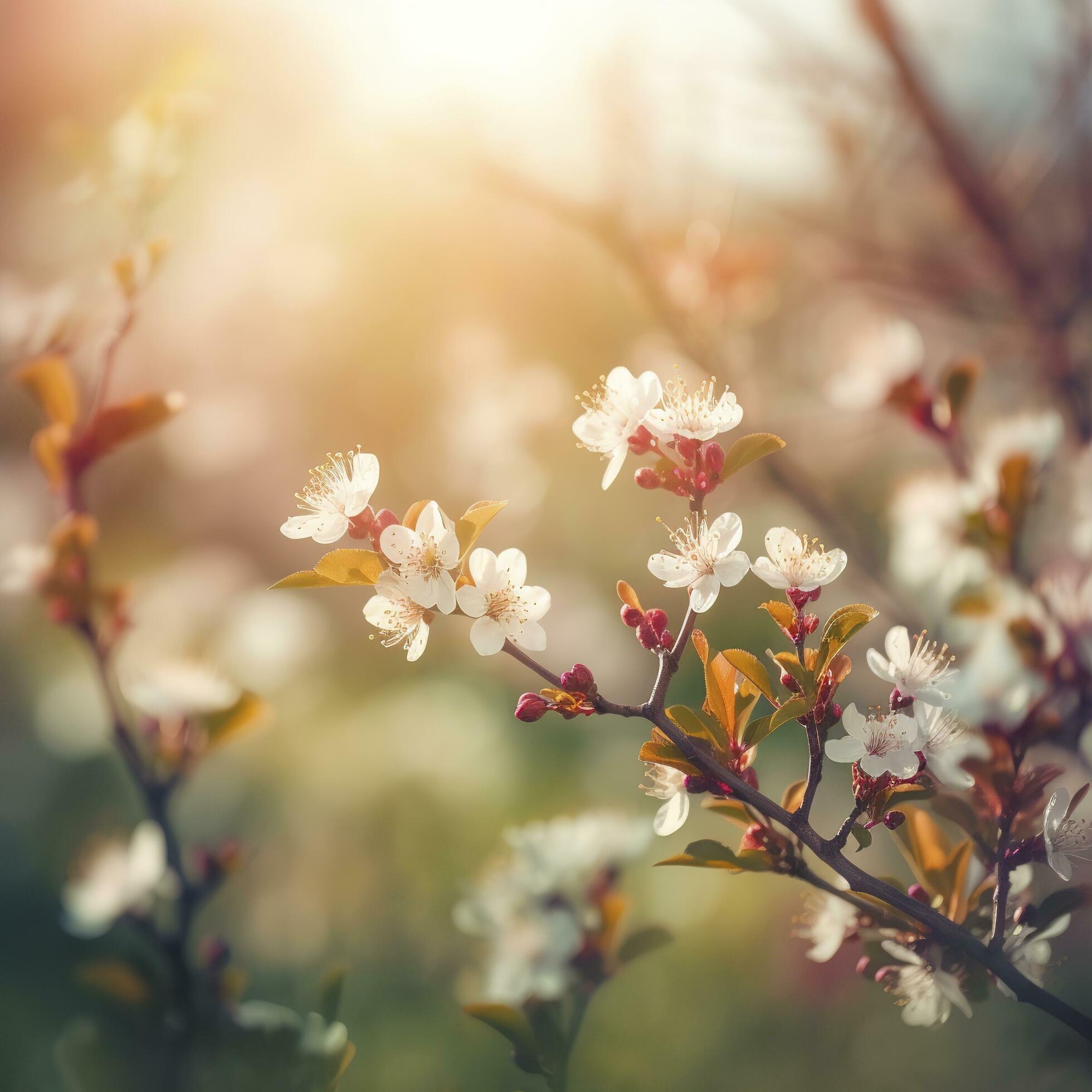 Beautiful nature scene with blooming flowers tree and sun flare, Beautiful Orchard , generat ai Stock Free