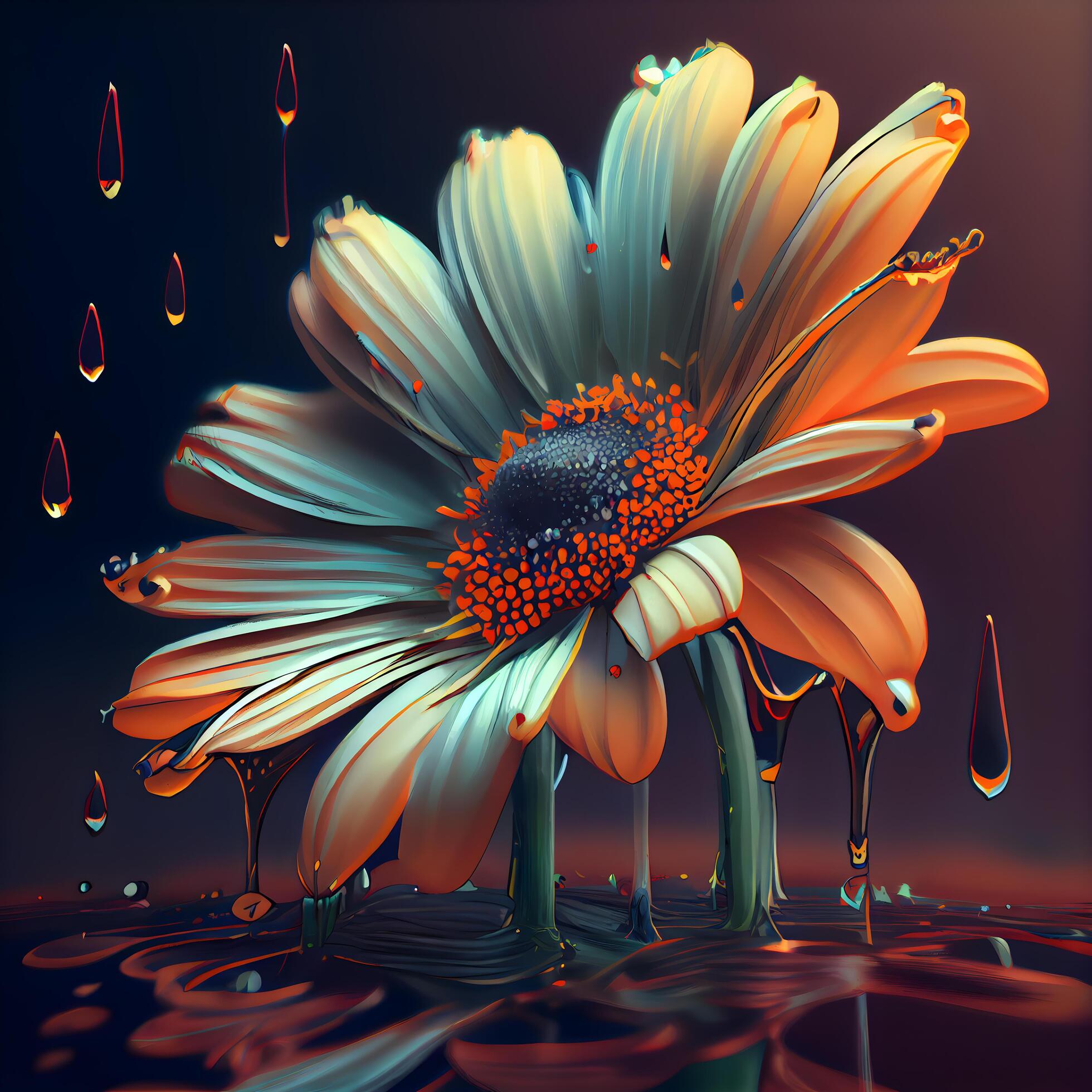 3d illustration of daisy flower with drops on dark background., Image Stock Free