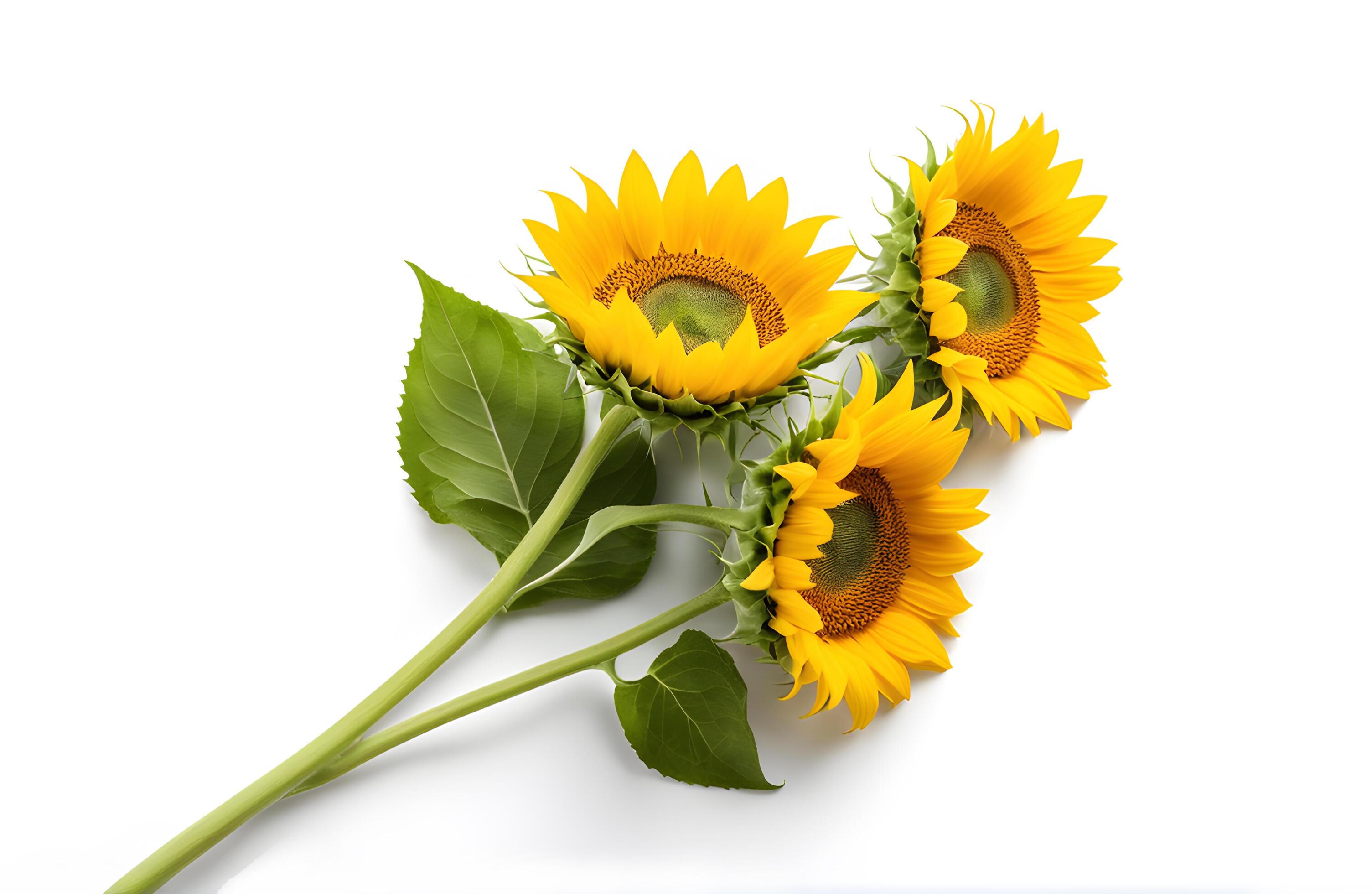 Top view of sunflower bunch isolated on white background. Seeds and oil. Flat lay flowers object on center composition, Clipping path Stock Free