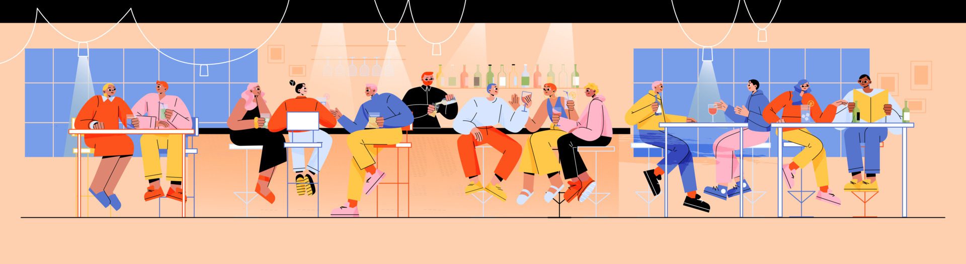 People drinking alcohol in bar sit on high chairs Free Vector