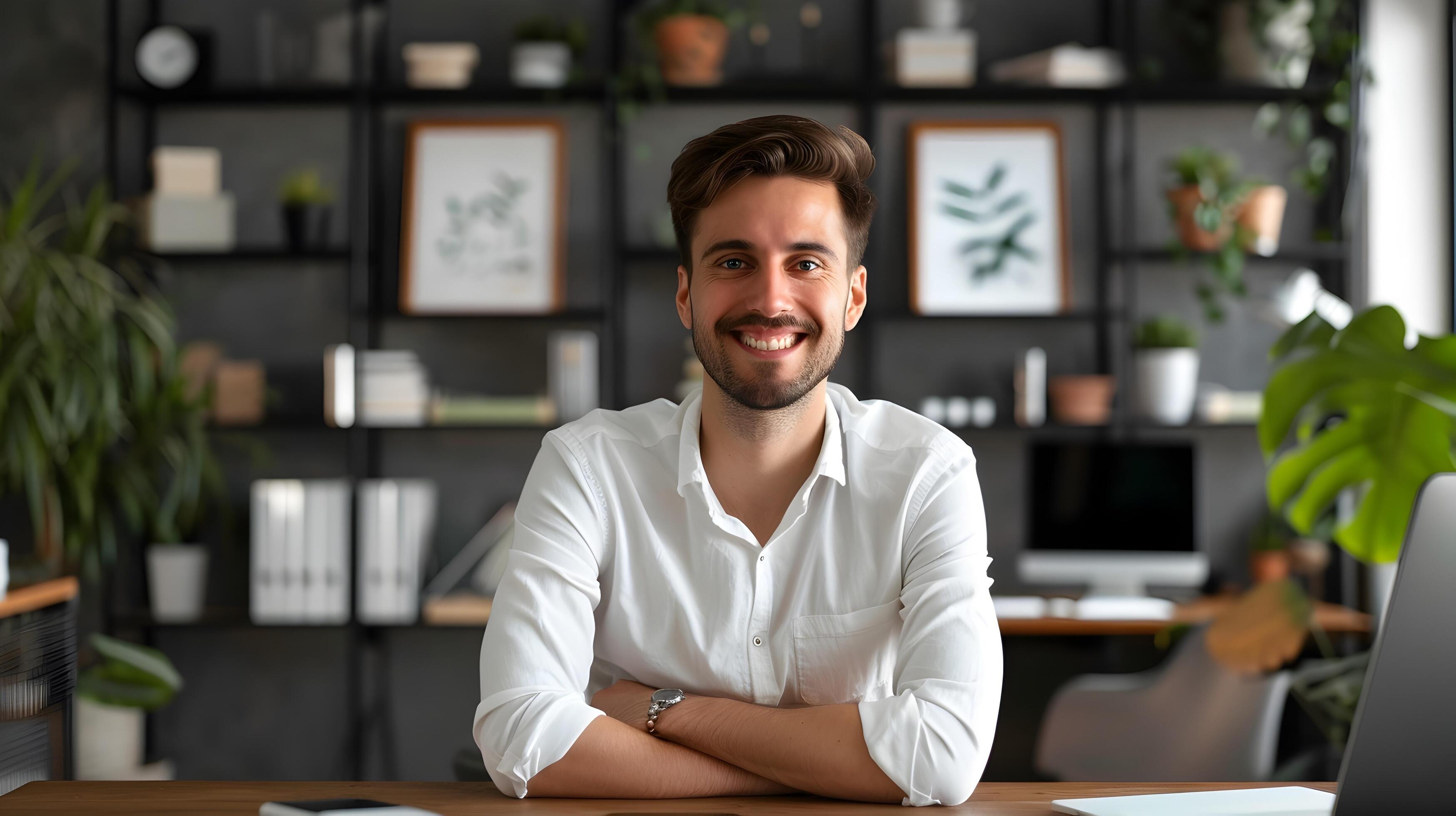 Confident Young Director of Inside Sales Smiling in Modern Office Stock Free