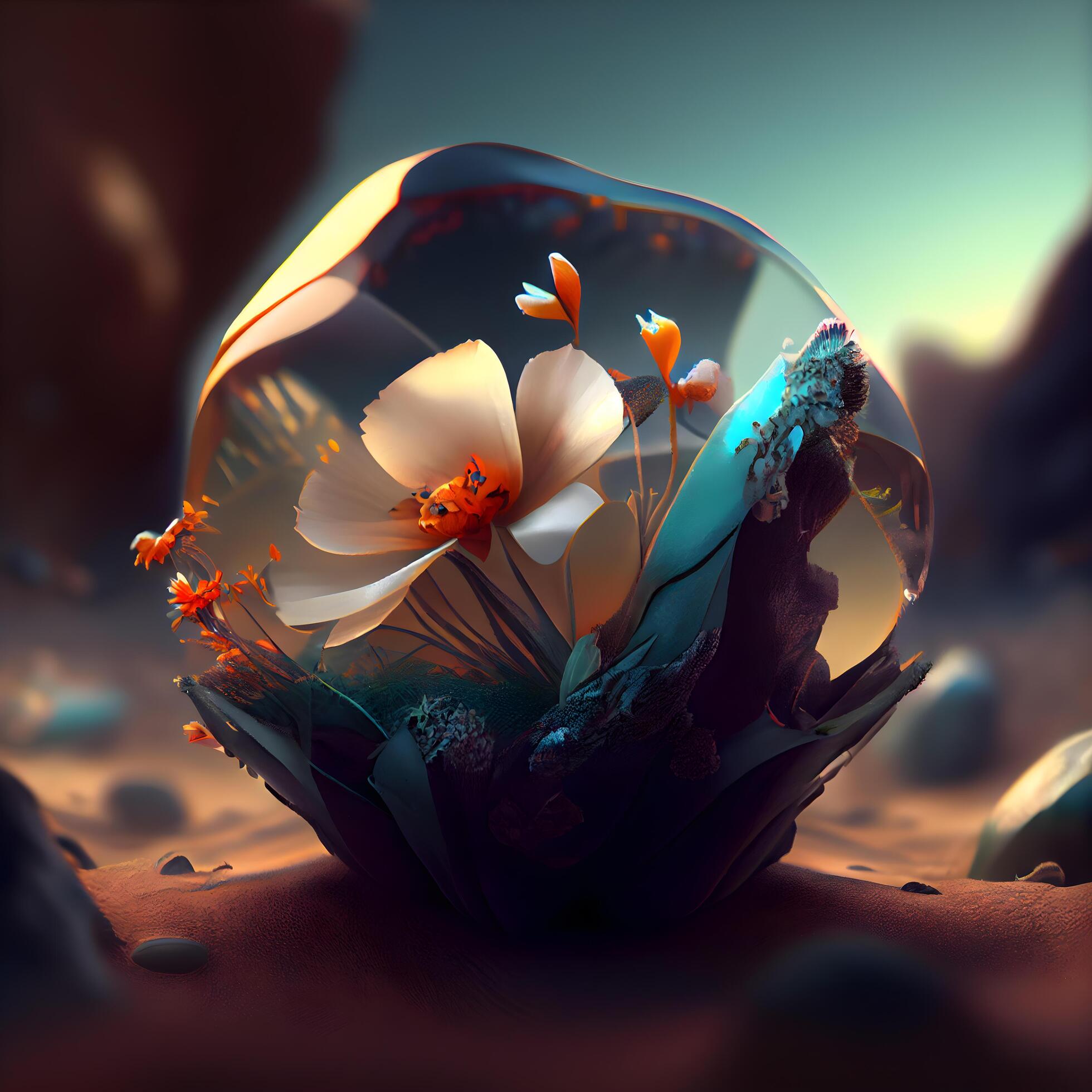 3d render of a crystal ball with flowers in the desert., Image Stock Free