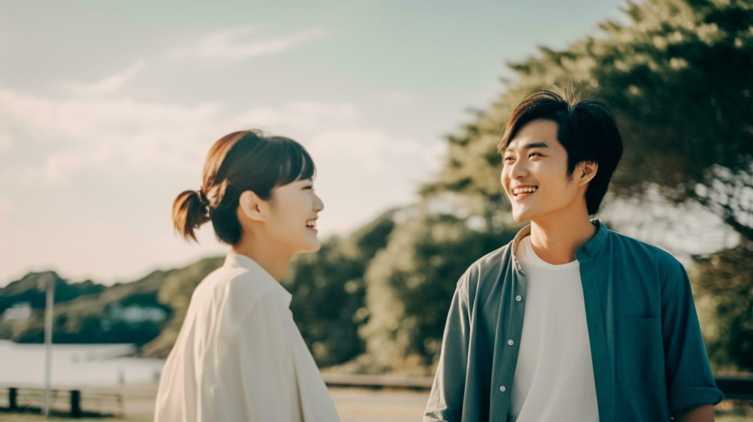 Happy and enjoying young Asian couple standing in the nature. Couple in love AI Generated Free Photo