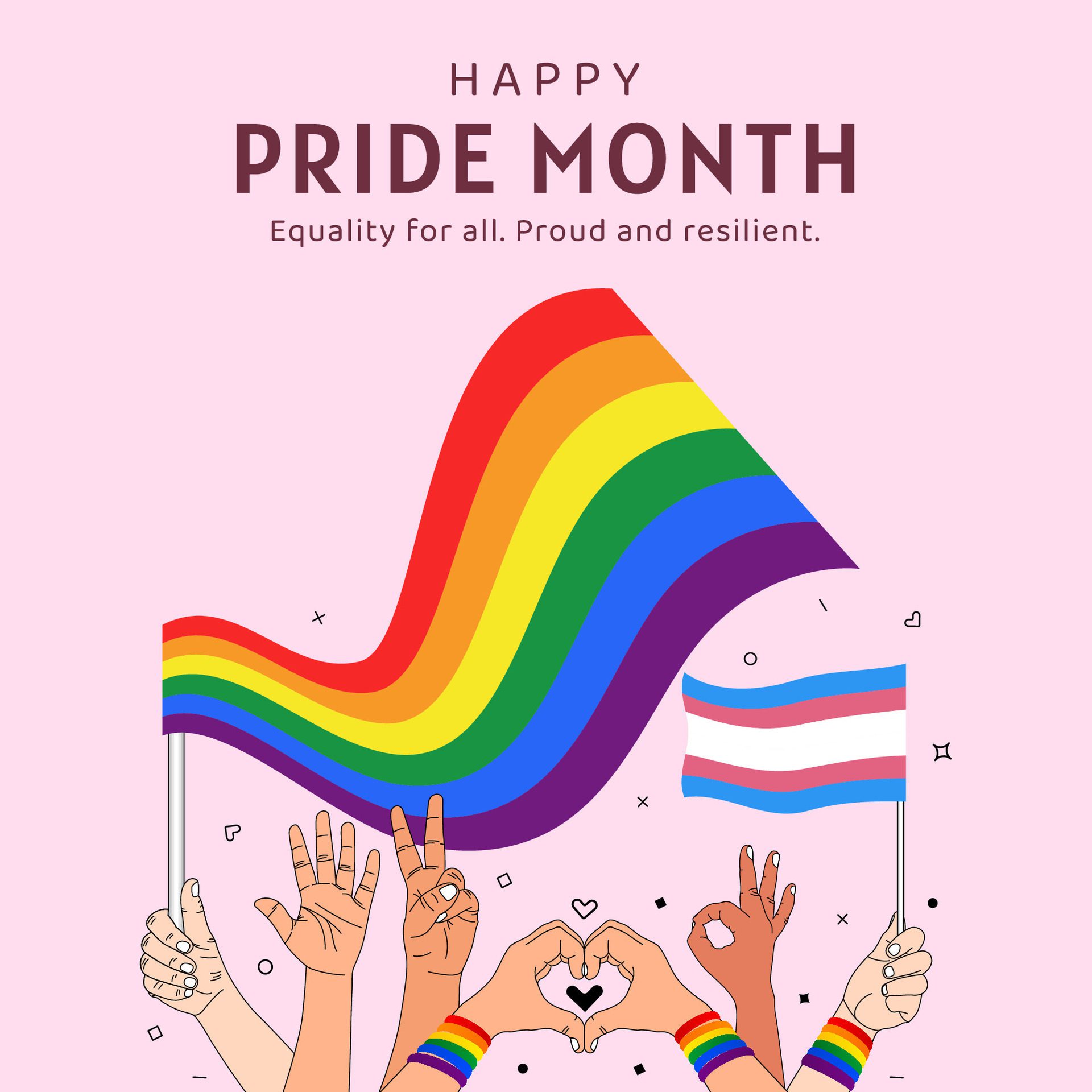 pride month celebration squre banner design with illustration of hand hold lgbt rainbow transgender pride flag, equality Free Vector