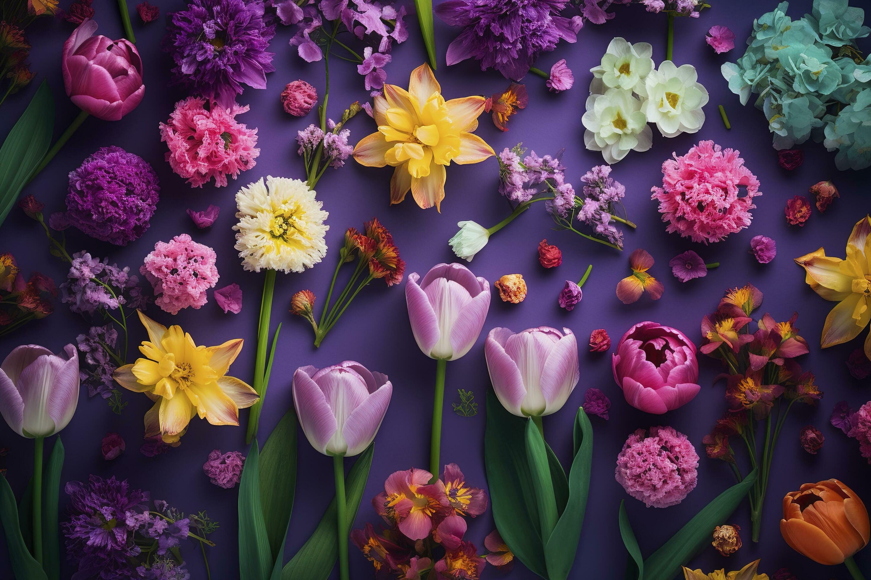 multicolored spring flowers on purple background , generate ai Stock Free