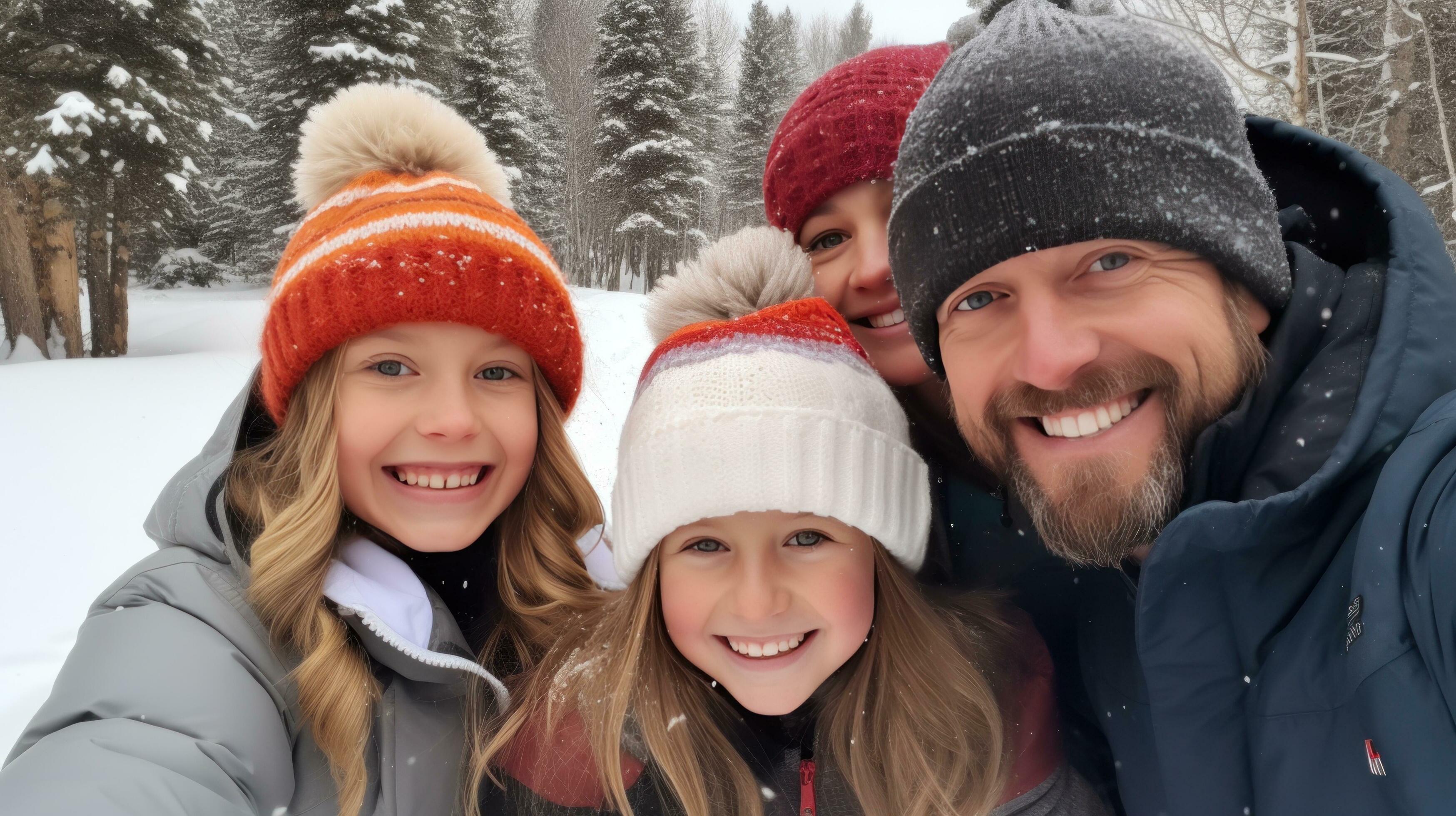 AI generated Happy family creating a snowman, hats, scarves, and winter joy-filled memories Stock Free