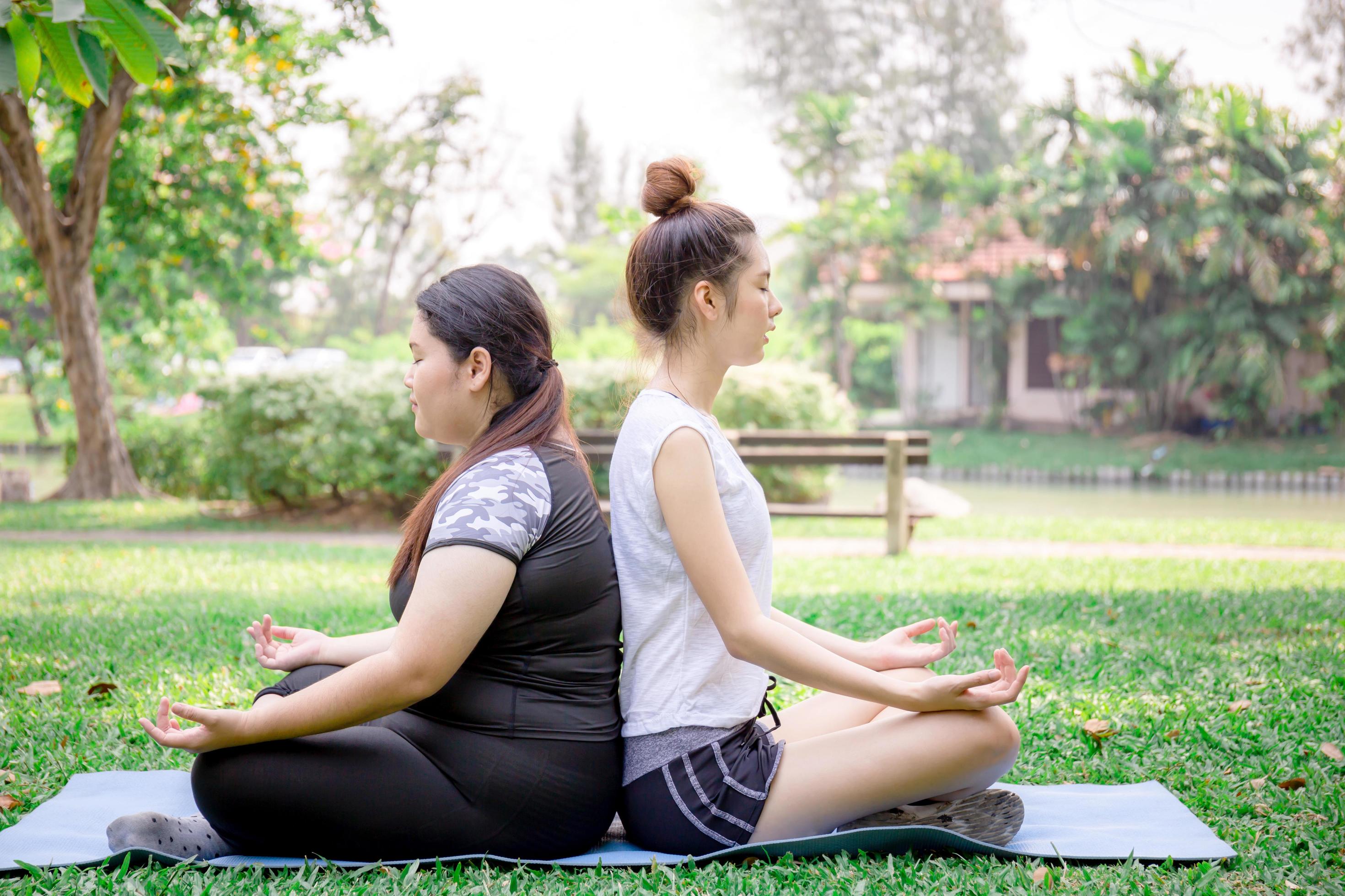 Young women and friend doing yoga at the park, healthy and lifestyle concept Stock Free