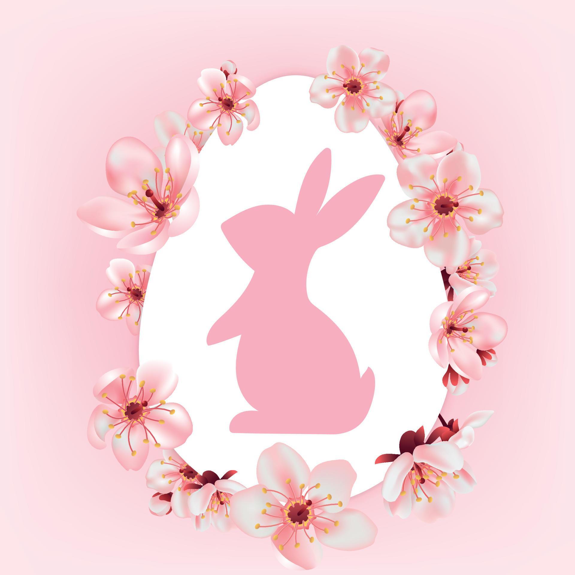 Happy Easter, decorated easter white card, banner. Bunnies, easter eggs, spring pink flowers. Vector illustration. Stock Free