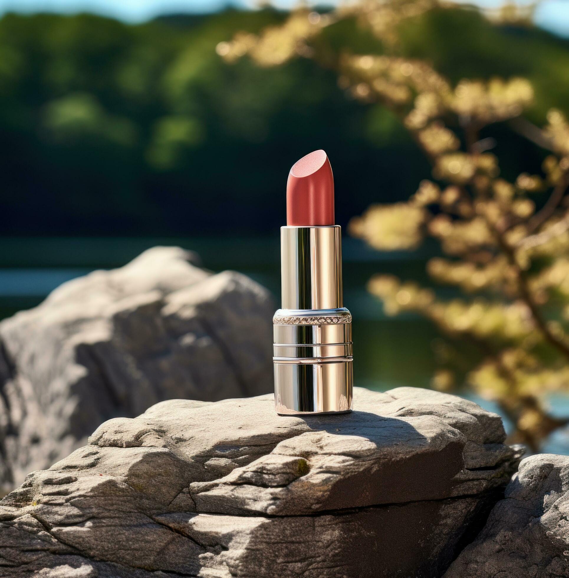 lipstick sitting on a rock near a lake, Free Photo