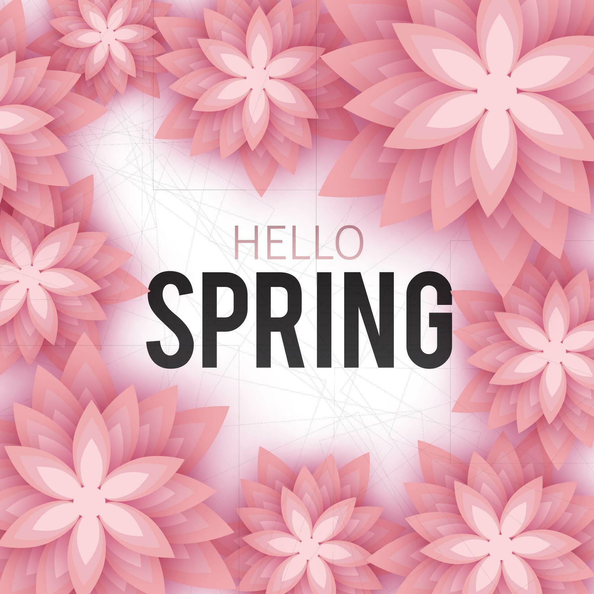 Hello Spring, floral greeting card, paper flowers. Banner with realistic paper flowers. Vector illustration Stock Free