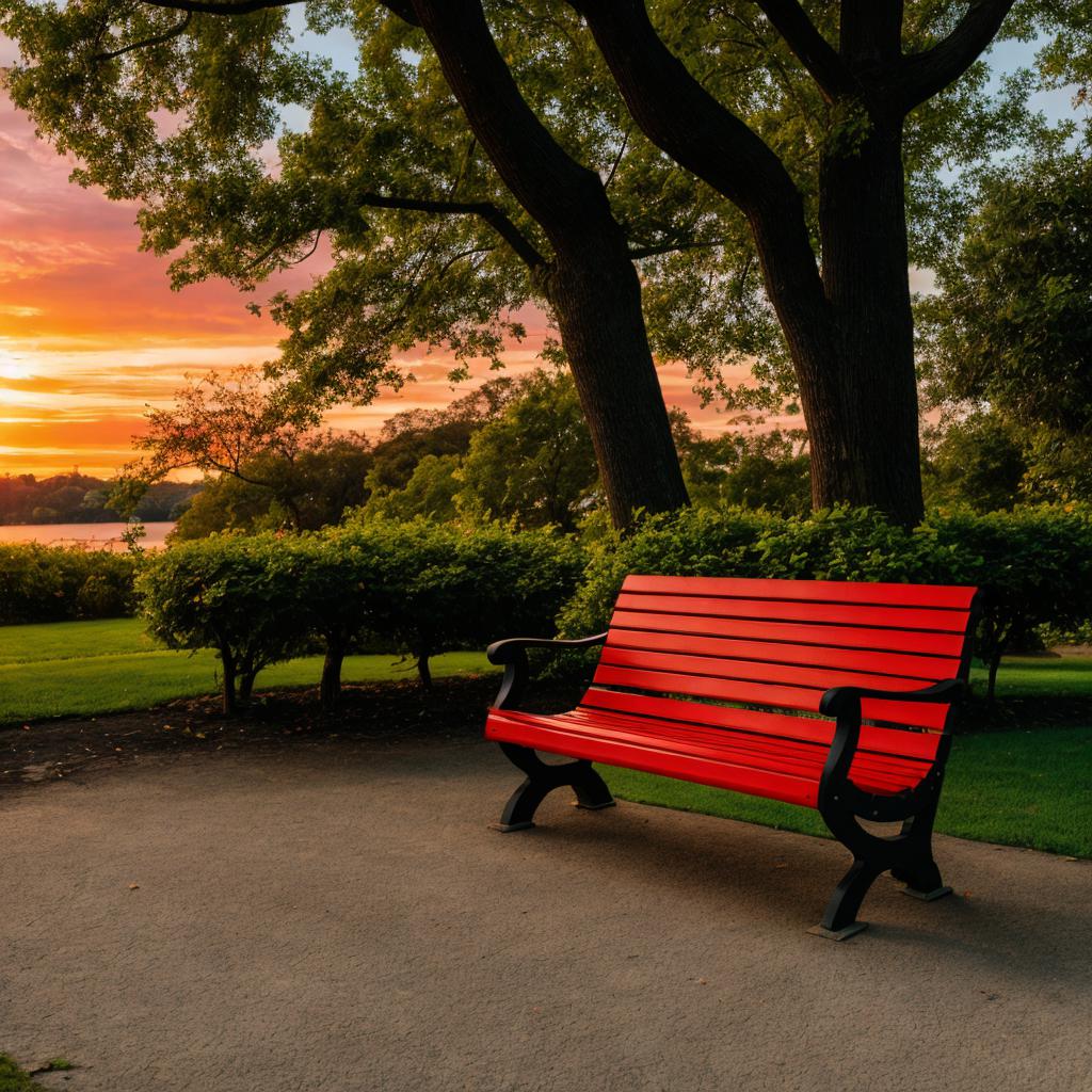 A red bench along by @ai_generated