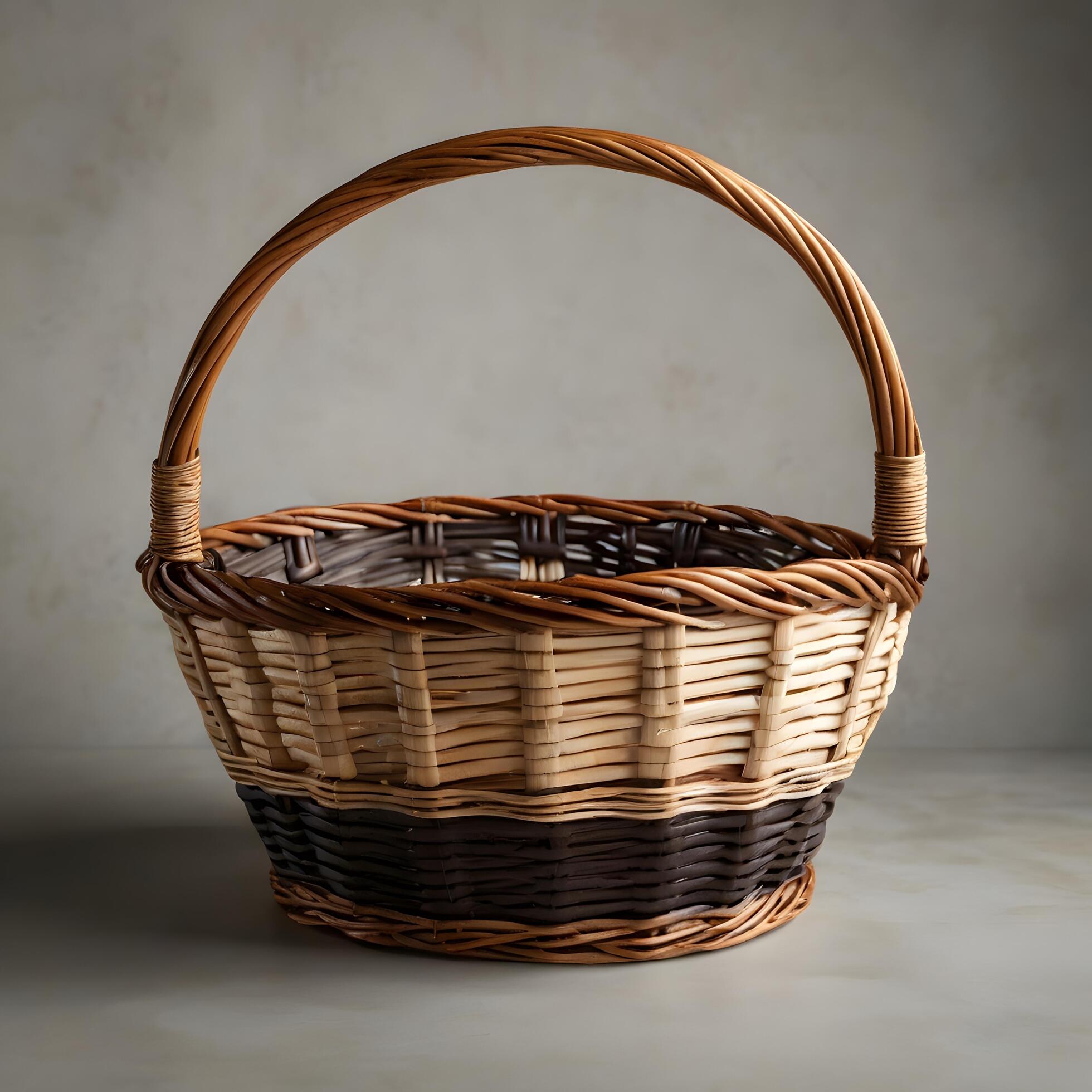 
									Empty wooden wicker basket, fruit or bread basket on white background Stock Free