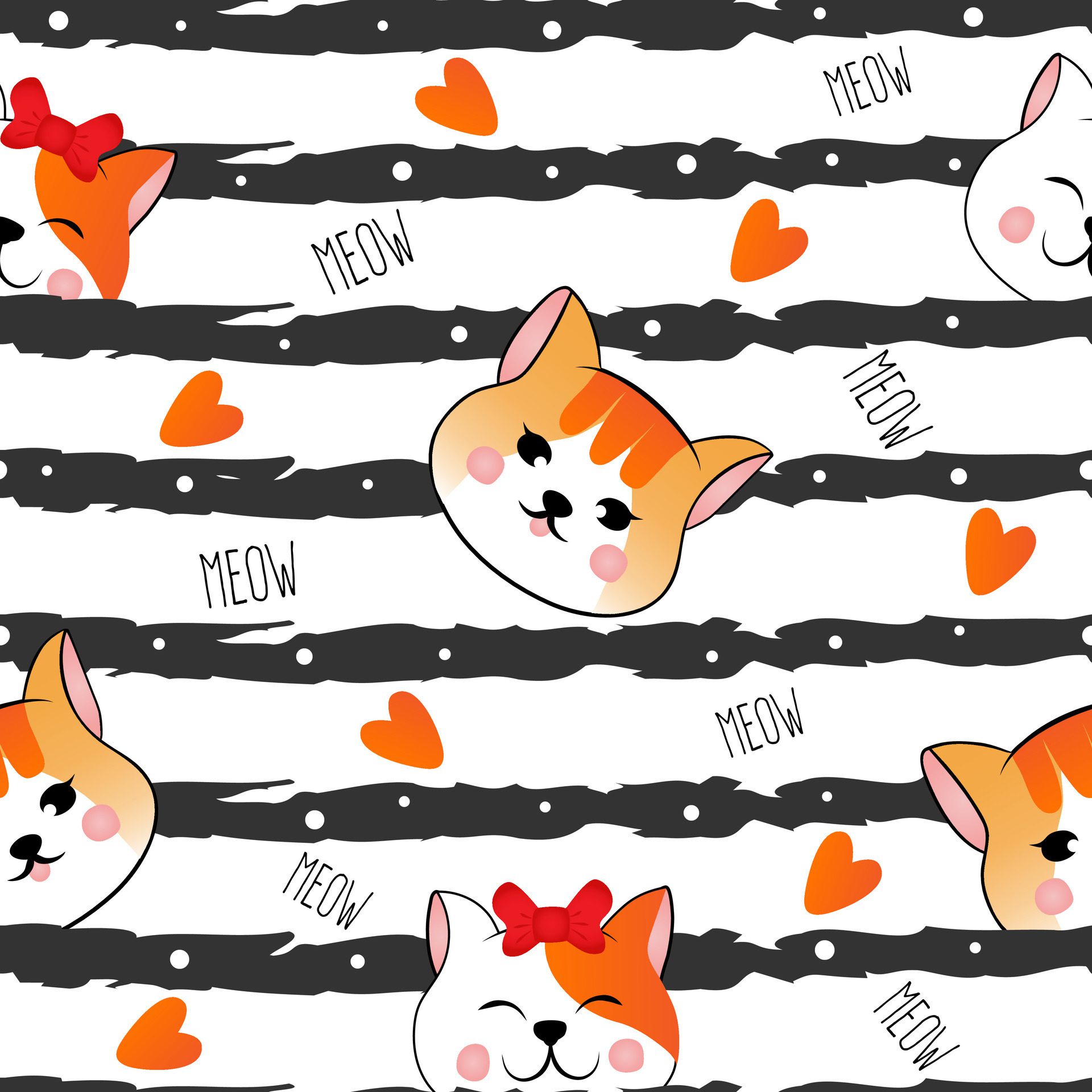 Seamless pattern with many different red heads of cats on white striped background. Illustration for children. Free Vector