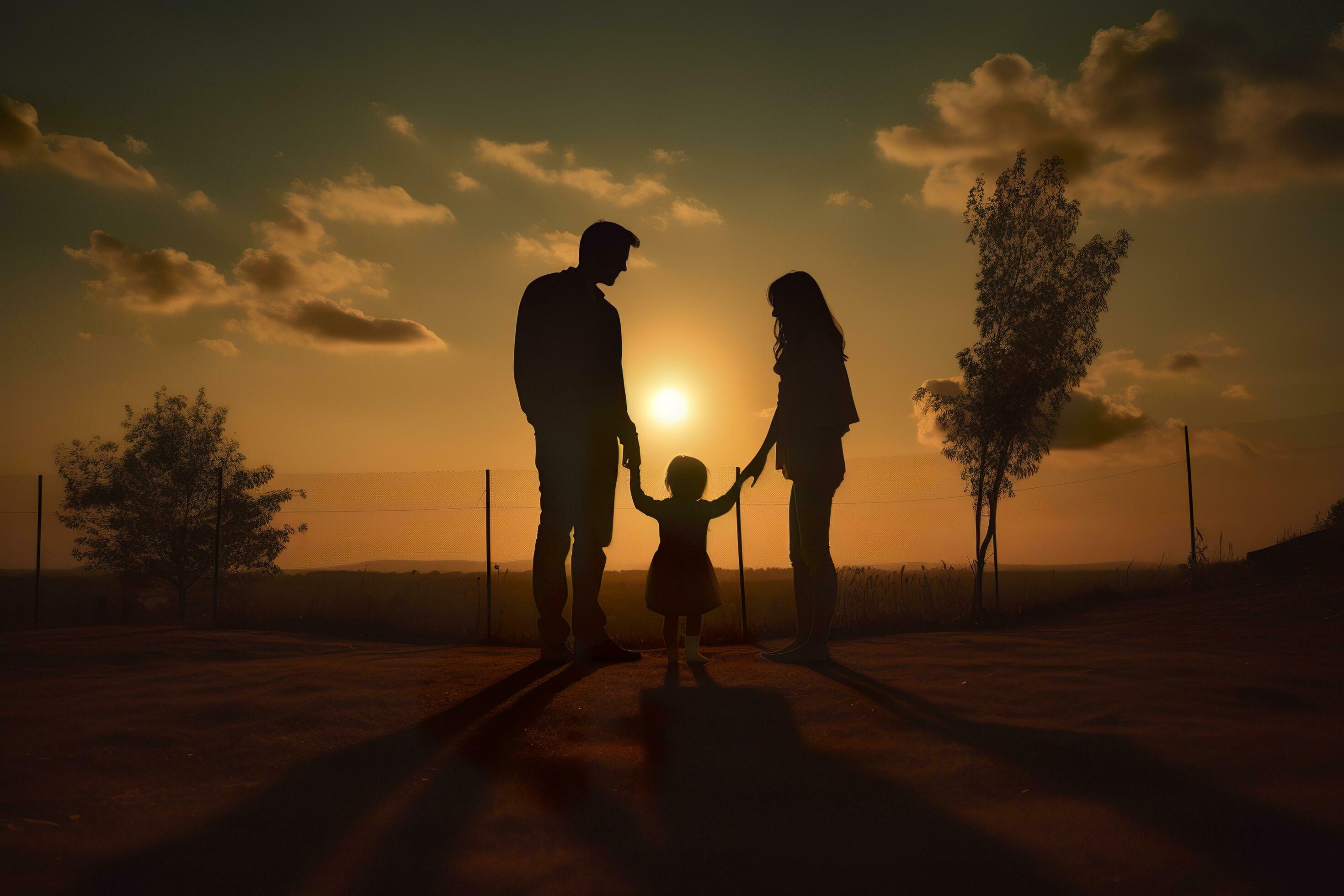 Shadow of Happy family together, parents with their little baby at sunset. A Silhouette of Love and Unity. AI Generative Stock Free