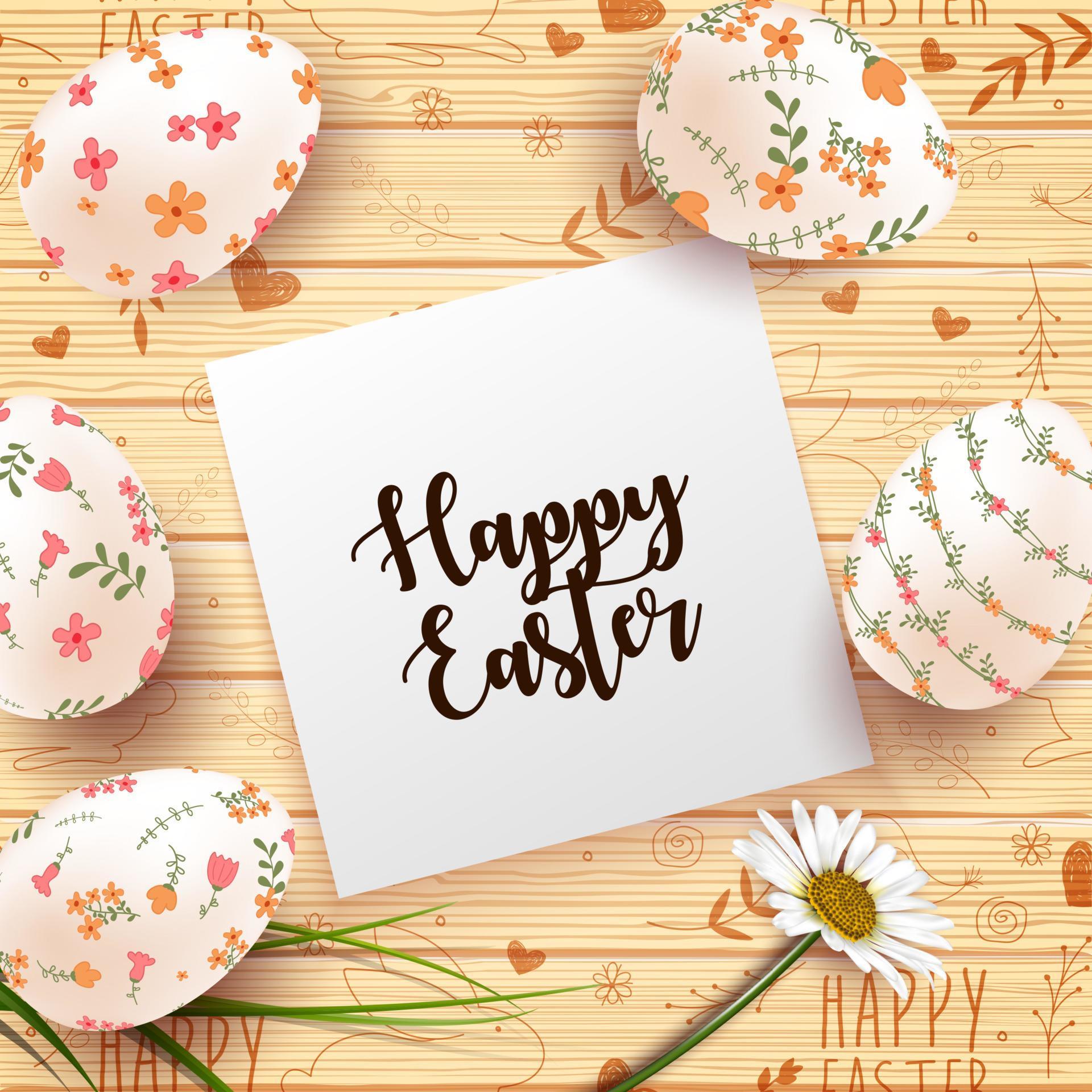 Easter Card with realistic eggs and daisy flower on wood texture background Stock Free