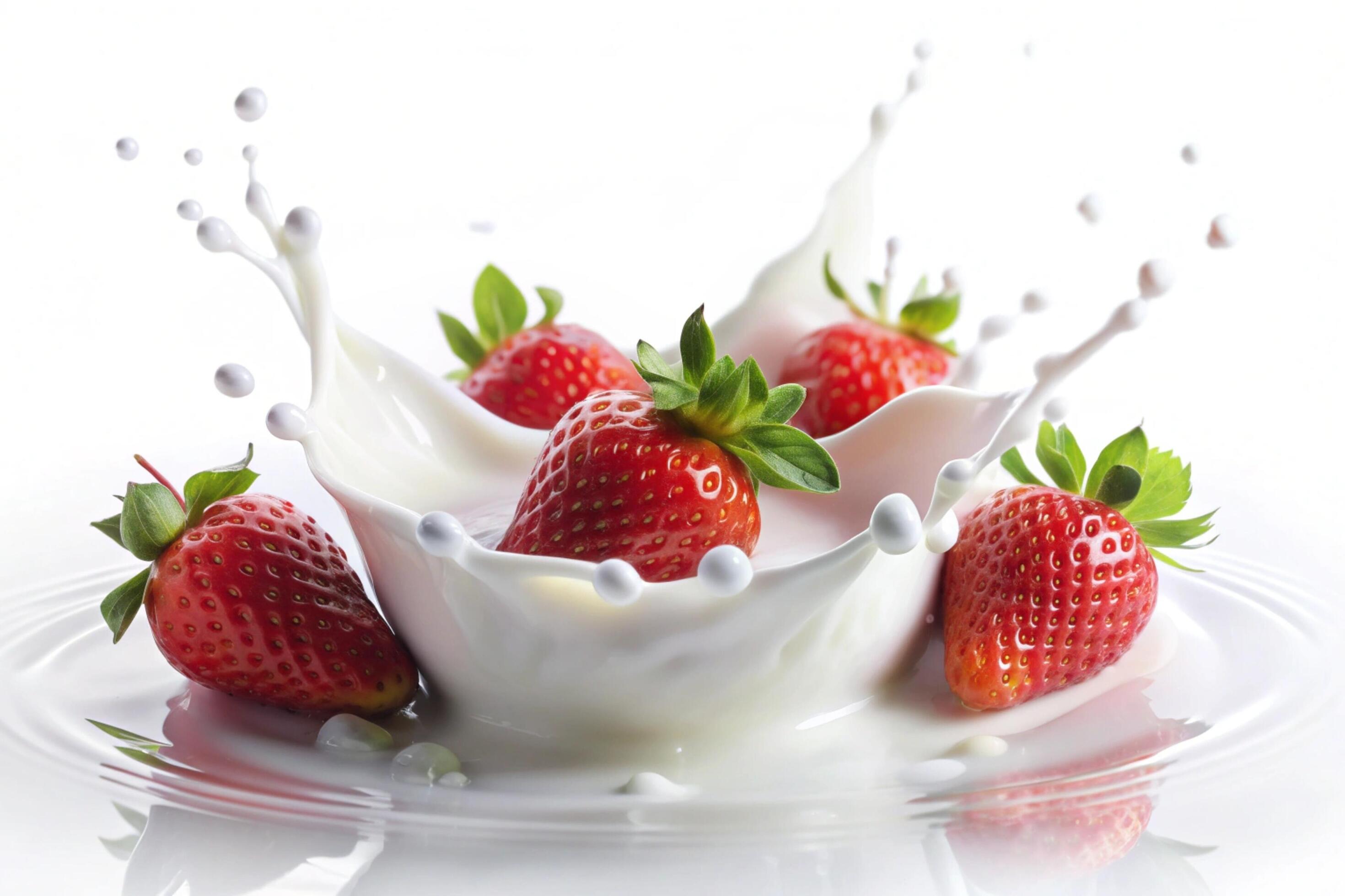 Milk splashes with strawberry on white background Stock Free