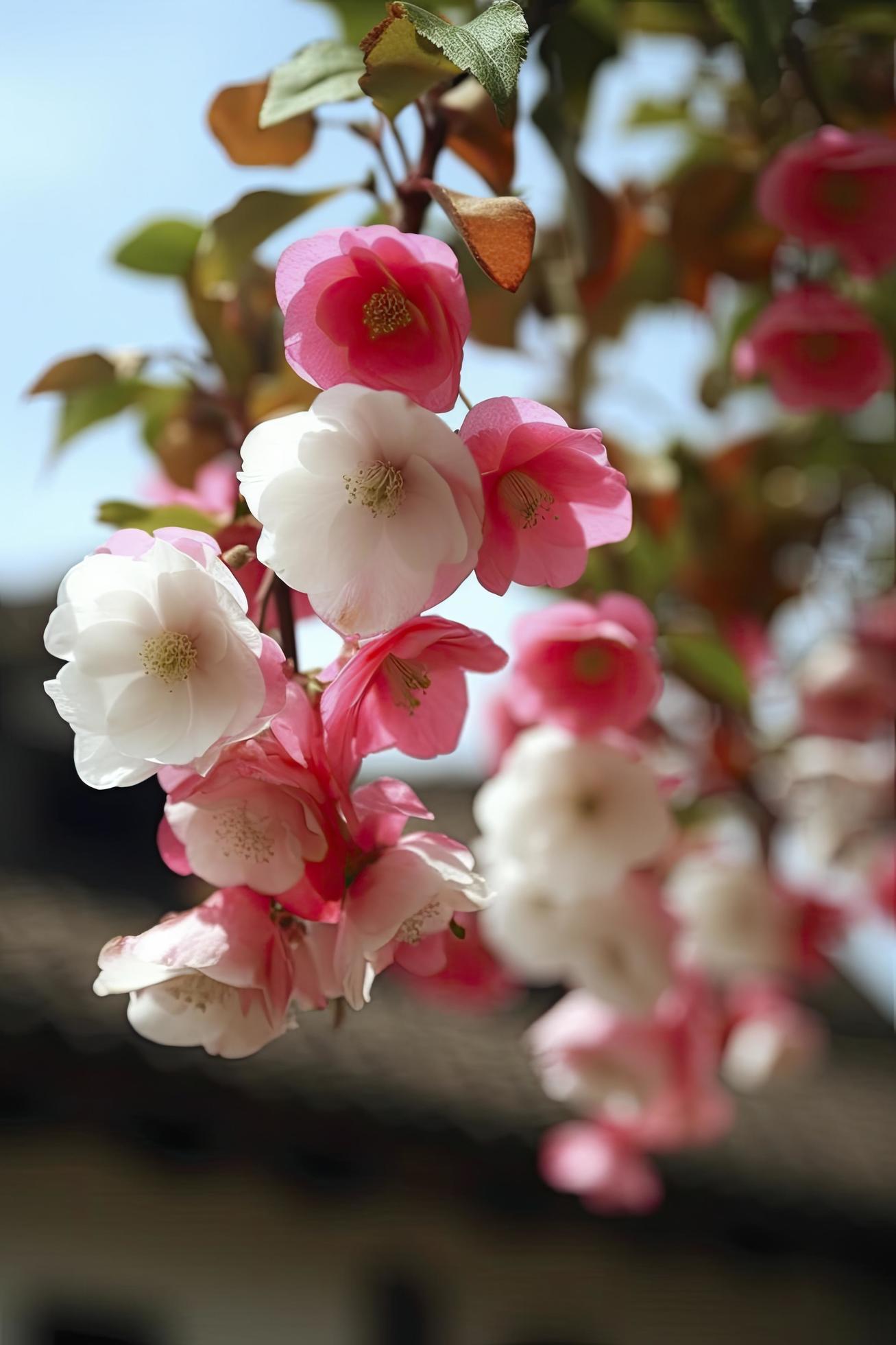 Spring, super real many pink and white silk crabapple flowers hanging on the shelf, pink and white petals, blue sky, generat ai Stock Free