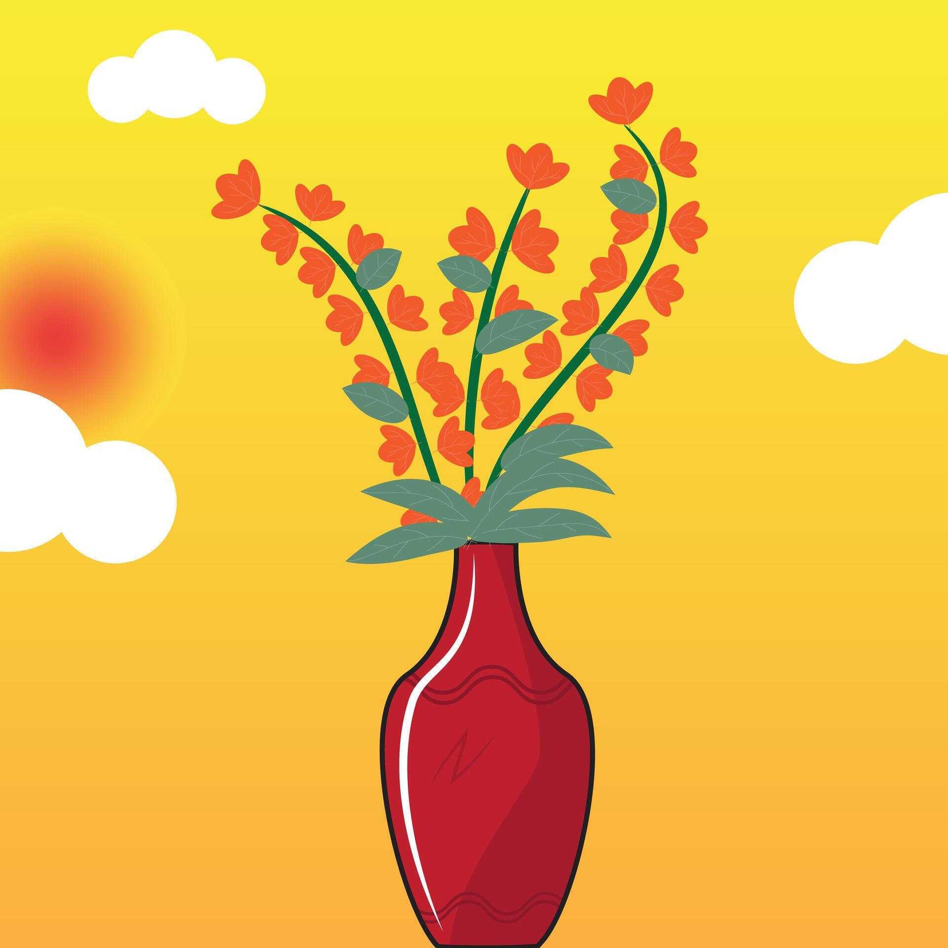 Clay made flower vase with flowers and sunrise or morning concept illustration. Indoor Plant. Stock Free