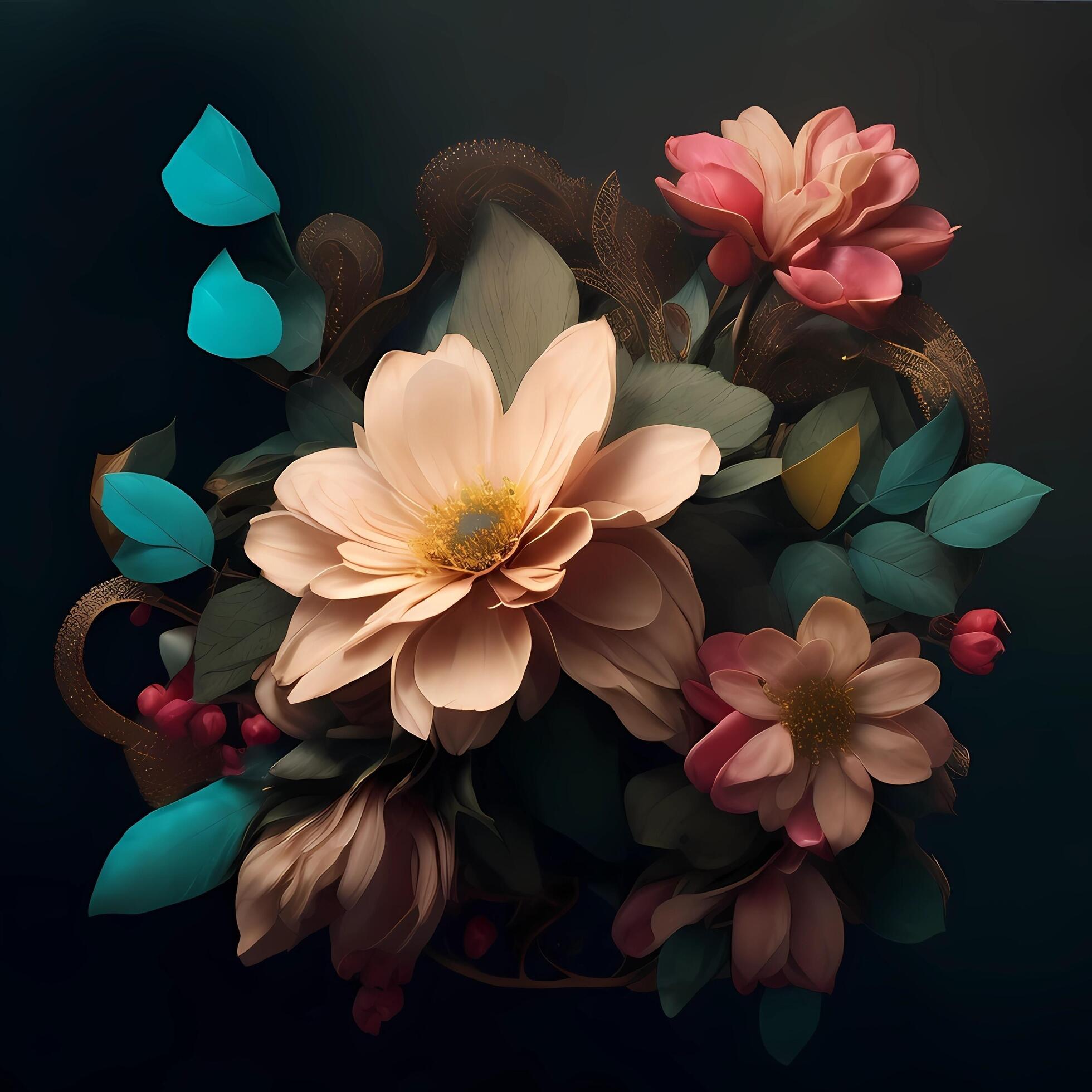 beautiful colorful flowers and ornament design on dark background, Stock Free