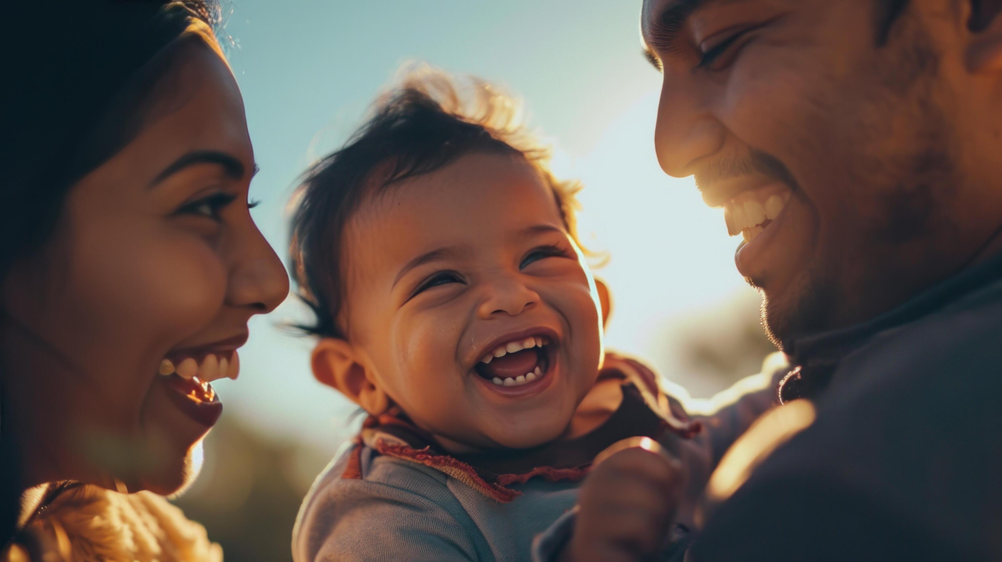 AI generated a smiling family holding a toddler smiling in the middle of it Stock Free