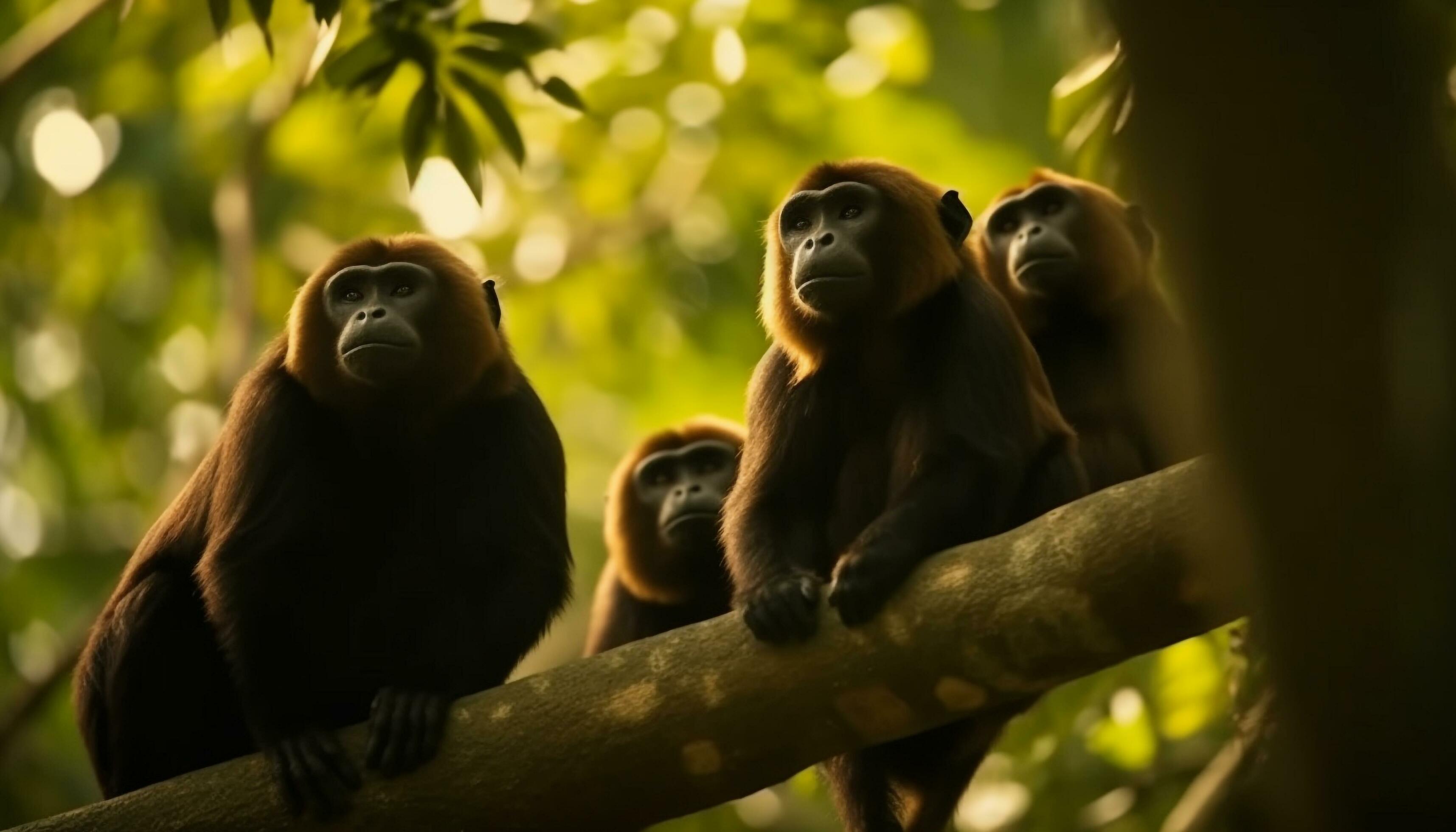 Small primate family sitting on tree branch generated by AI Stock Free