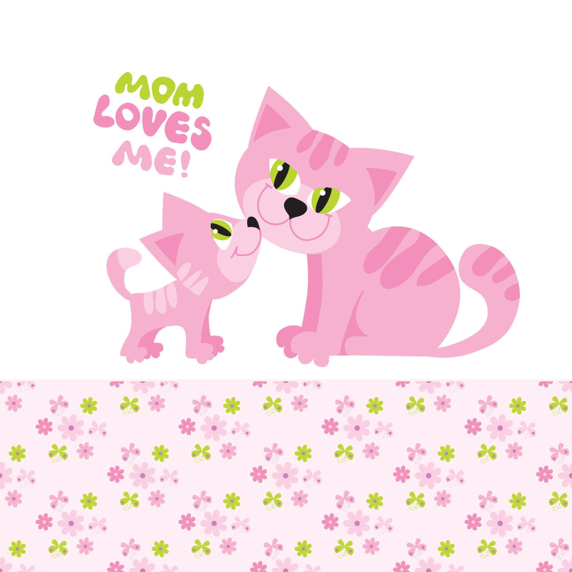 Mom and baby love. Cute cat and kitten with flower pattern Stock Free