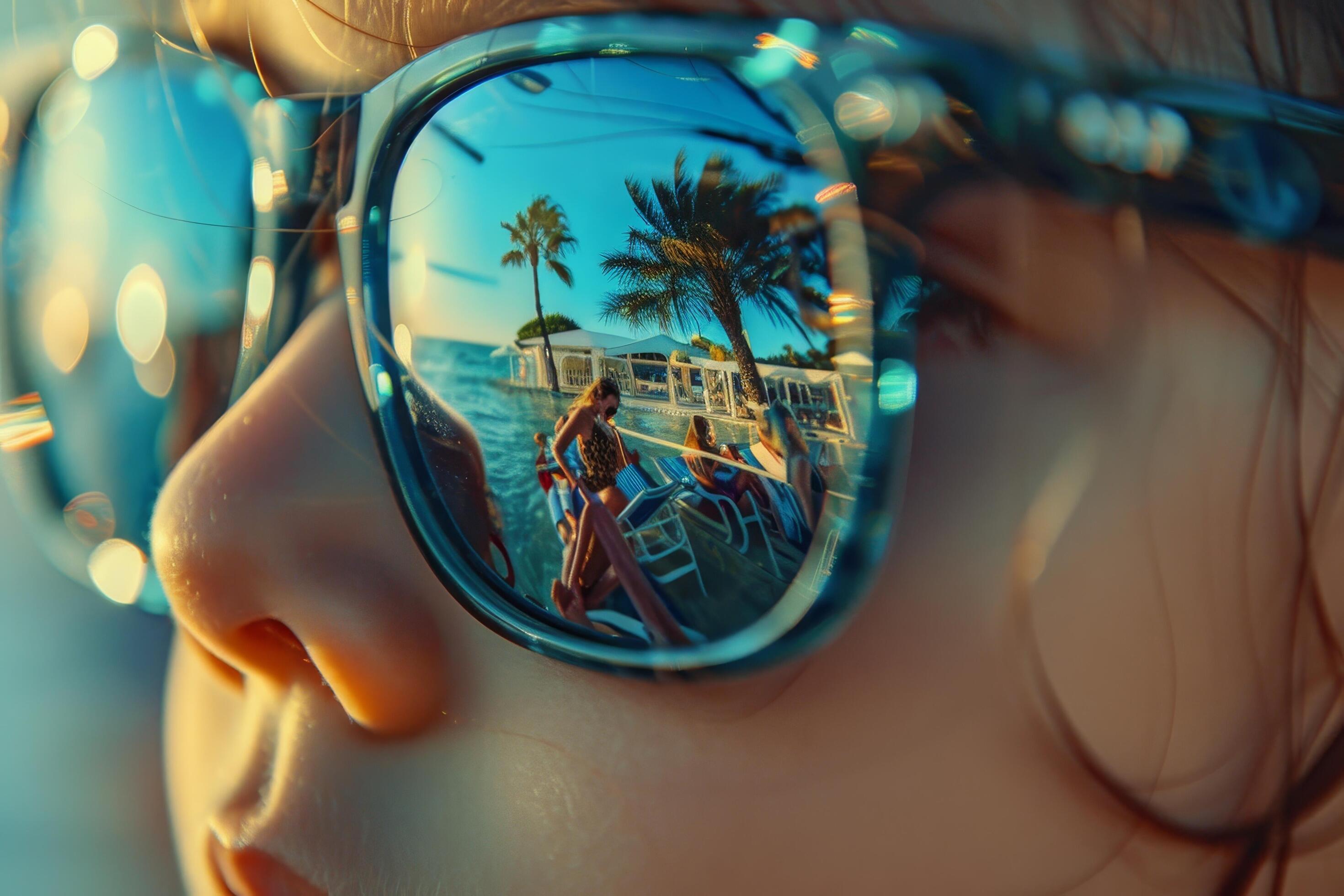 A woman wearing sunglasses with a red reflection on her face Stock Free