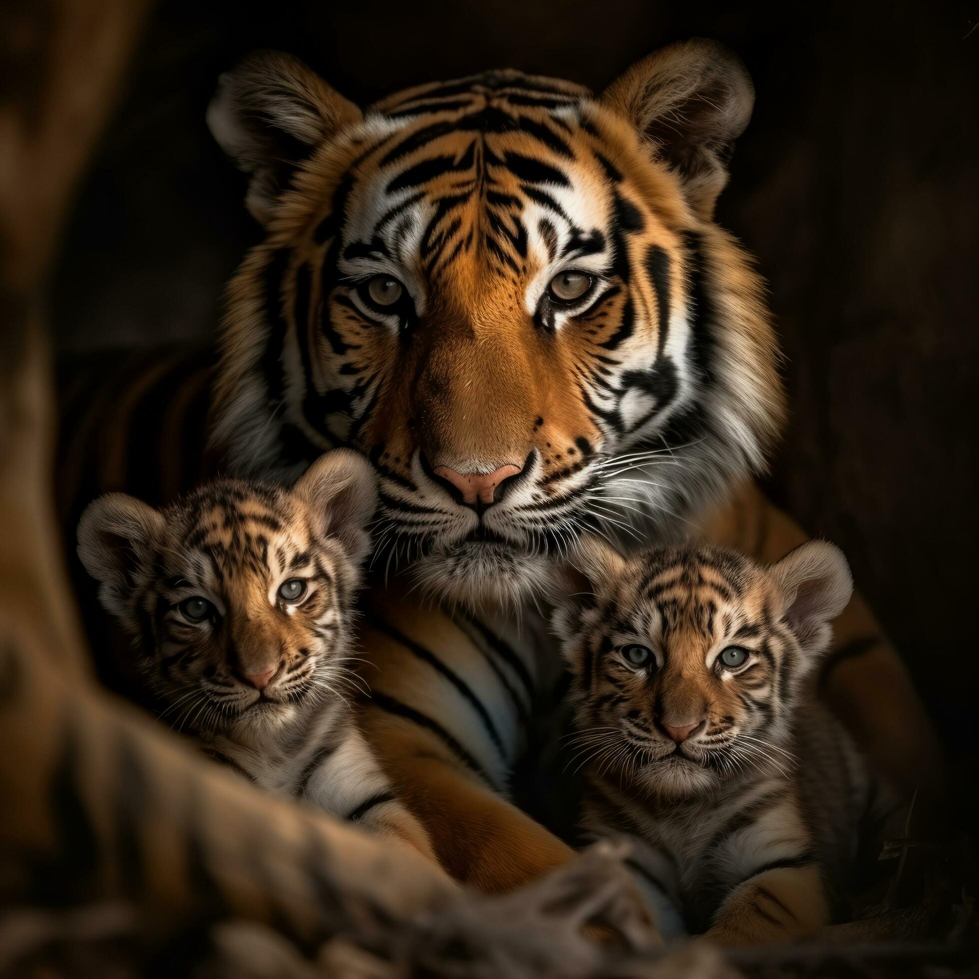 close up portrait of tiger family, mother and cubs, generative ai Stock Free