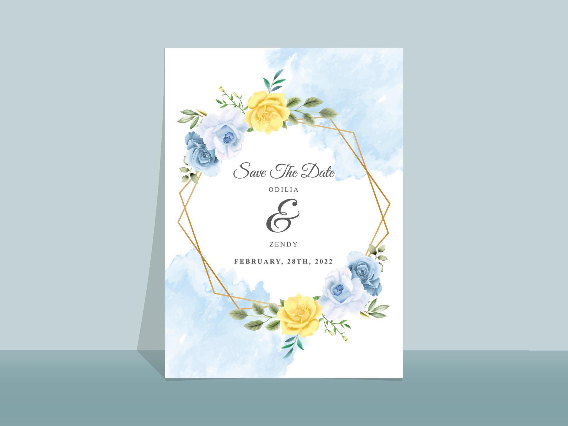 Wedding invitation card with beautiful blue and yellow flowers Stock Free