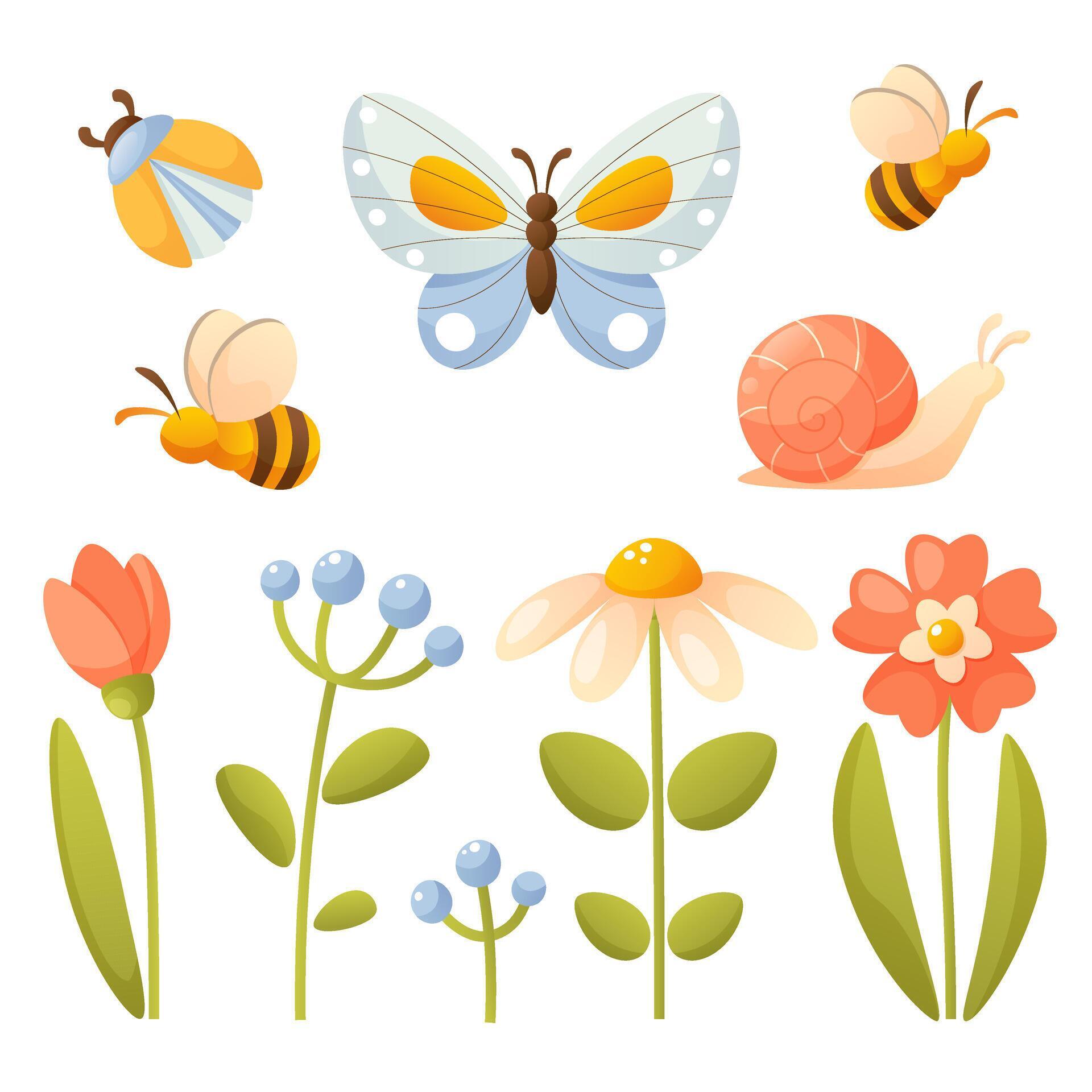 Set of spring flowers and insects. Forest and garden flowering plants with green leaves. Stock Free