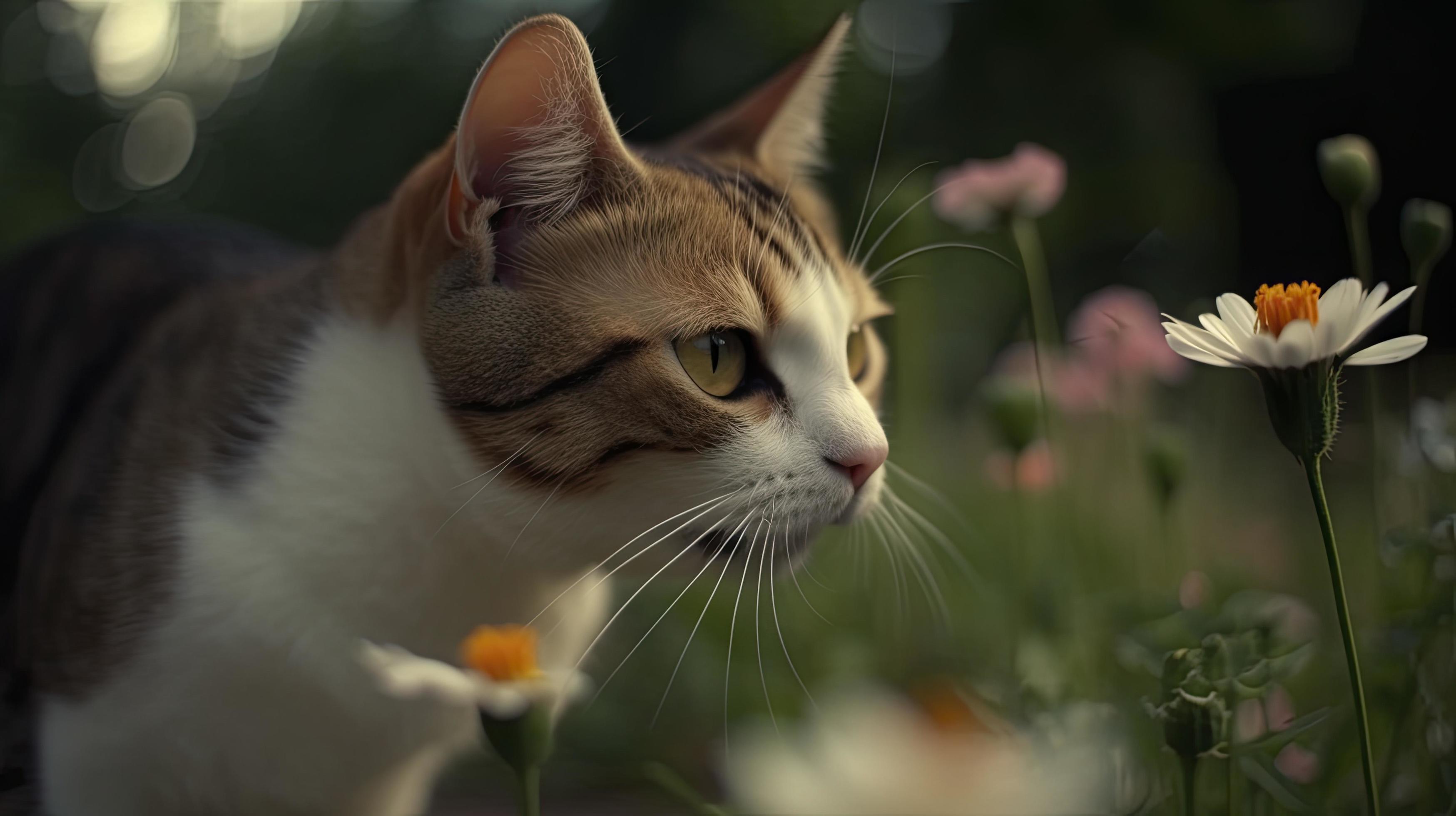 A playful cat chasing a butterfly around a garden full of flowers, Generate Ai Stock Free