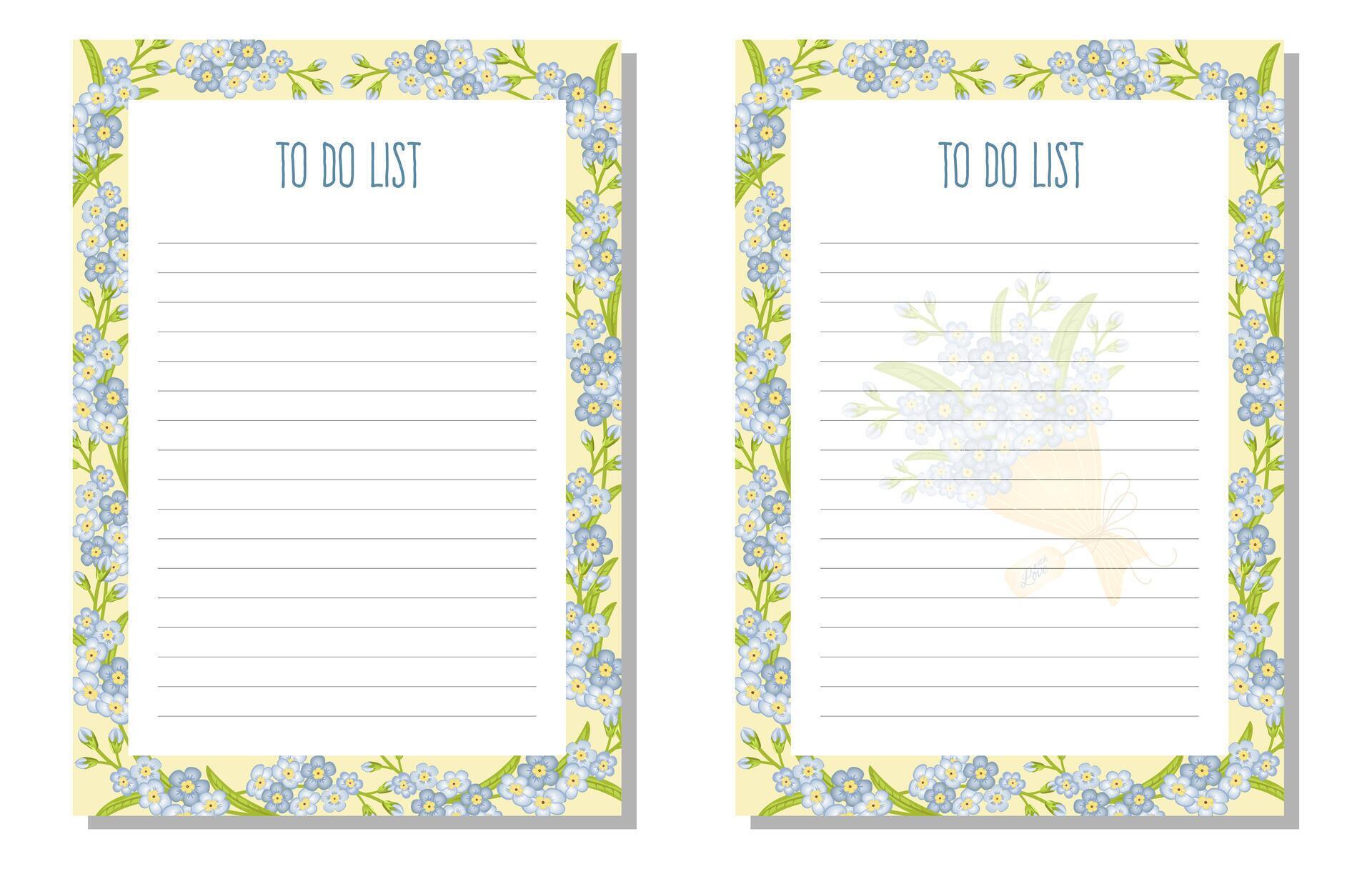 Set planner, to do list, organizer with forget-me-not flowers, leaves, bouquet. Stock Free