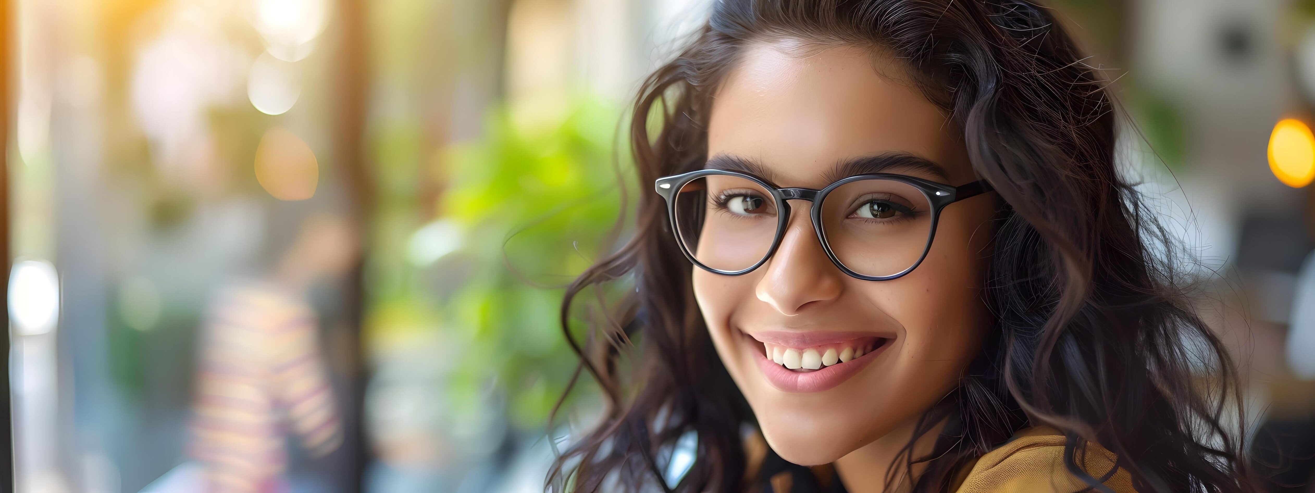 Confident and Cheerful Young Professional Woman with Curly Hair and Glasses Smiling at the Stock Free