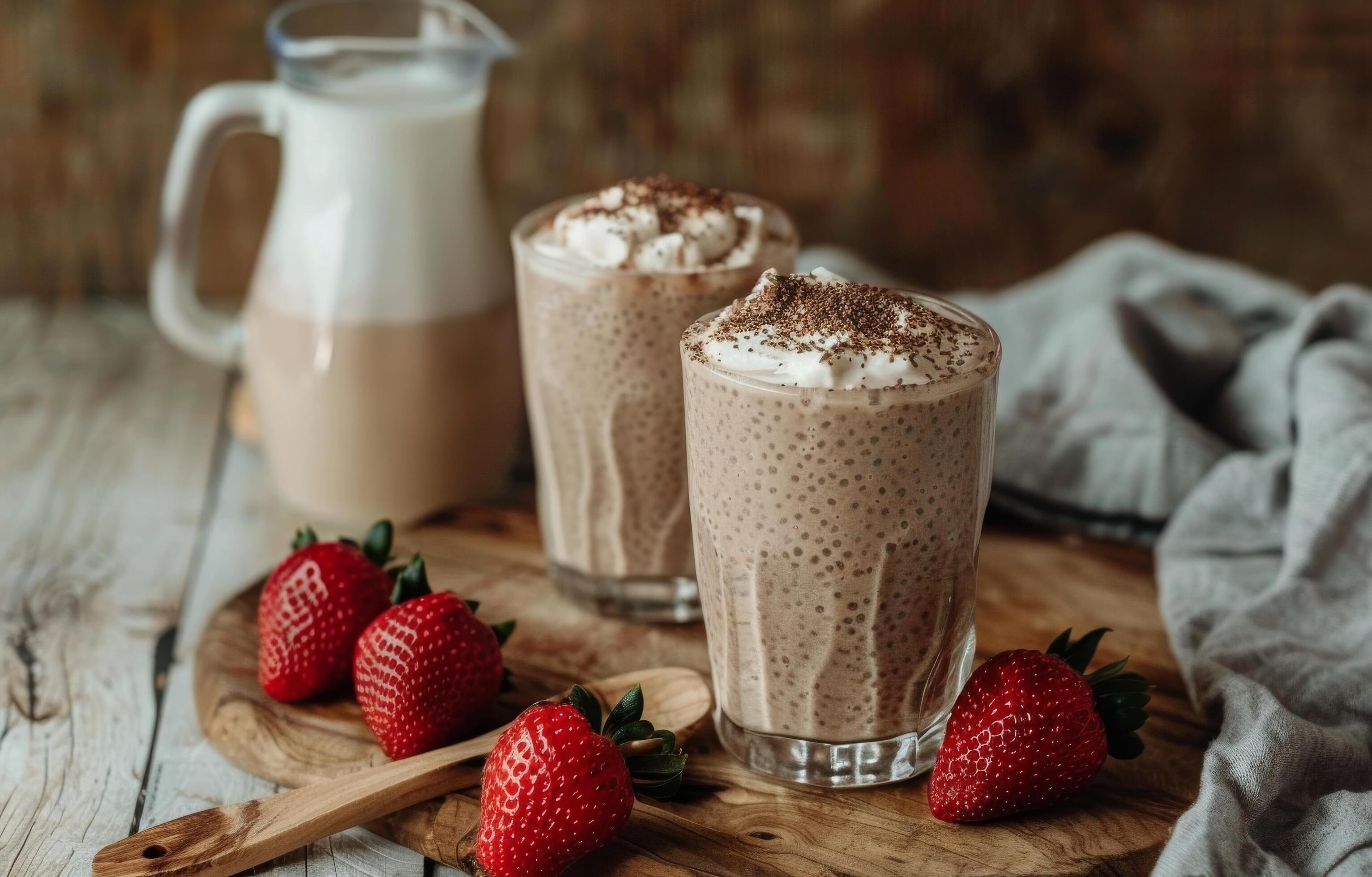 Fresh Strawberry Chia Seed Pudding With Wooden Spoon on Rustic Table Stock Free