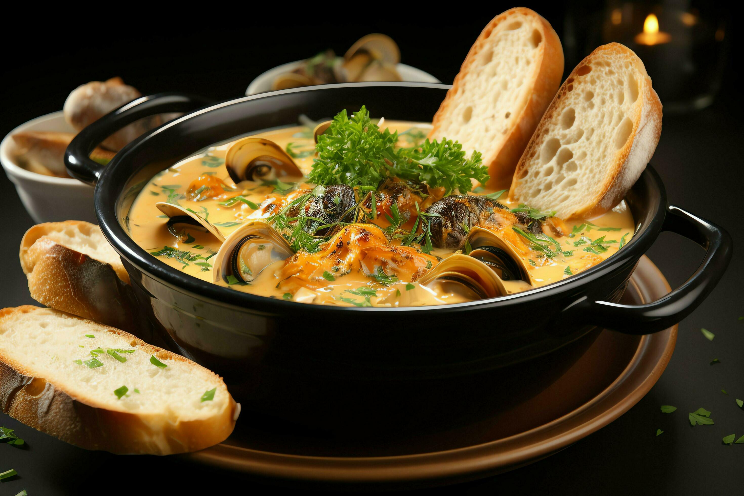 A delicious bouillabaisse soup food in a bowl. Marseille food and healthy protein soup meal concept by AI Generated Stock Free