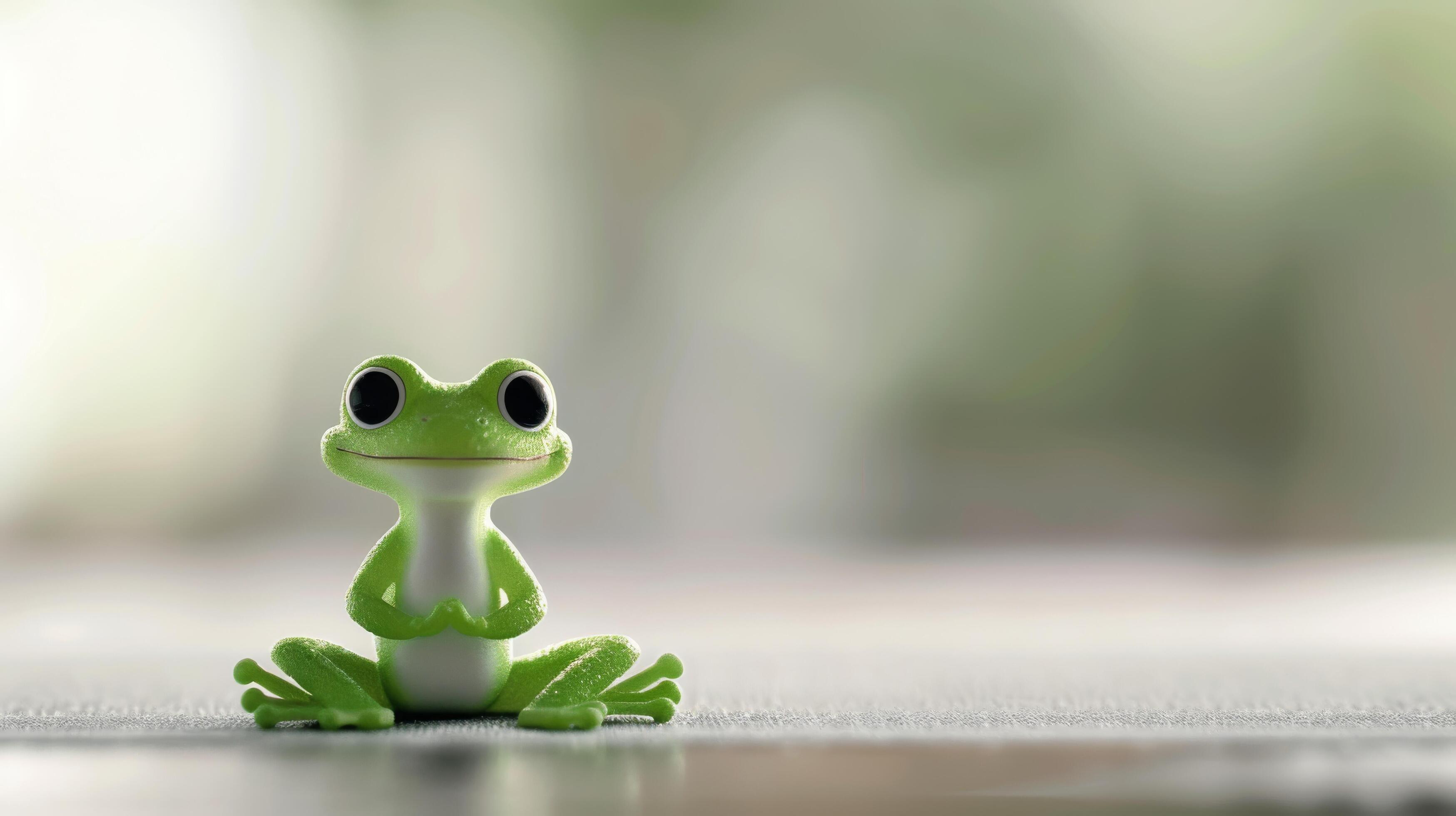 Green Frog Figurine Sitting on Soft Surface With Blurred Background Stock Free