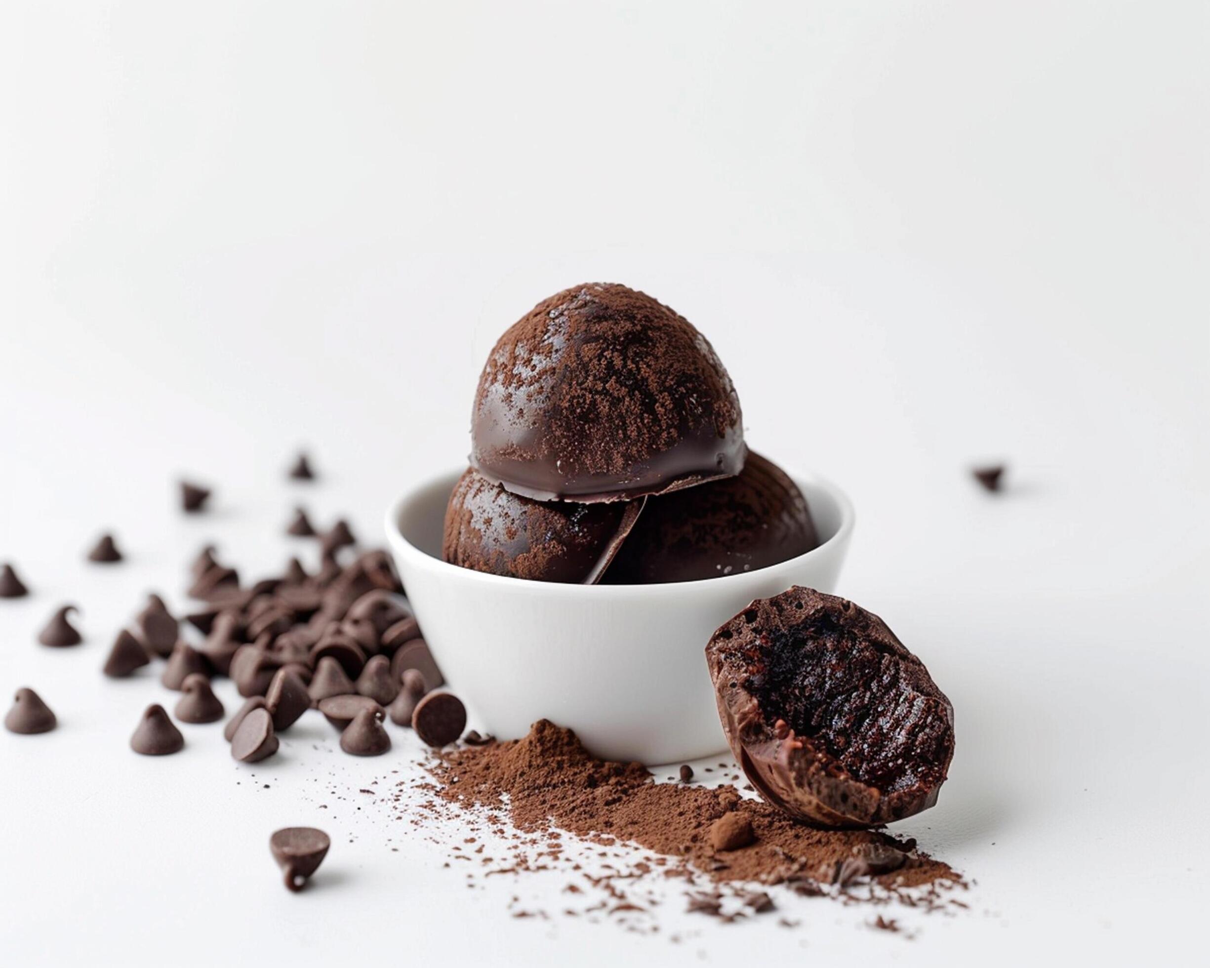 chocolate ice cream balls in a bowl with chocolate chips Stock Free