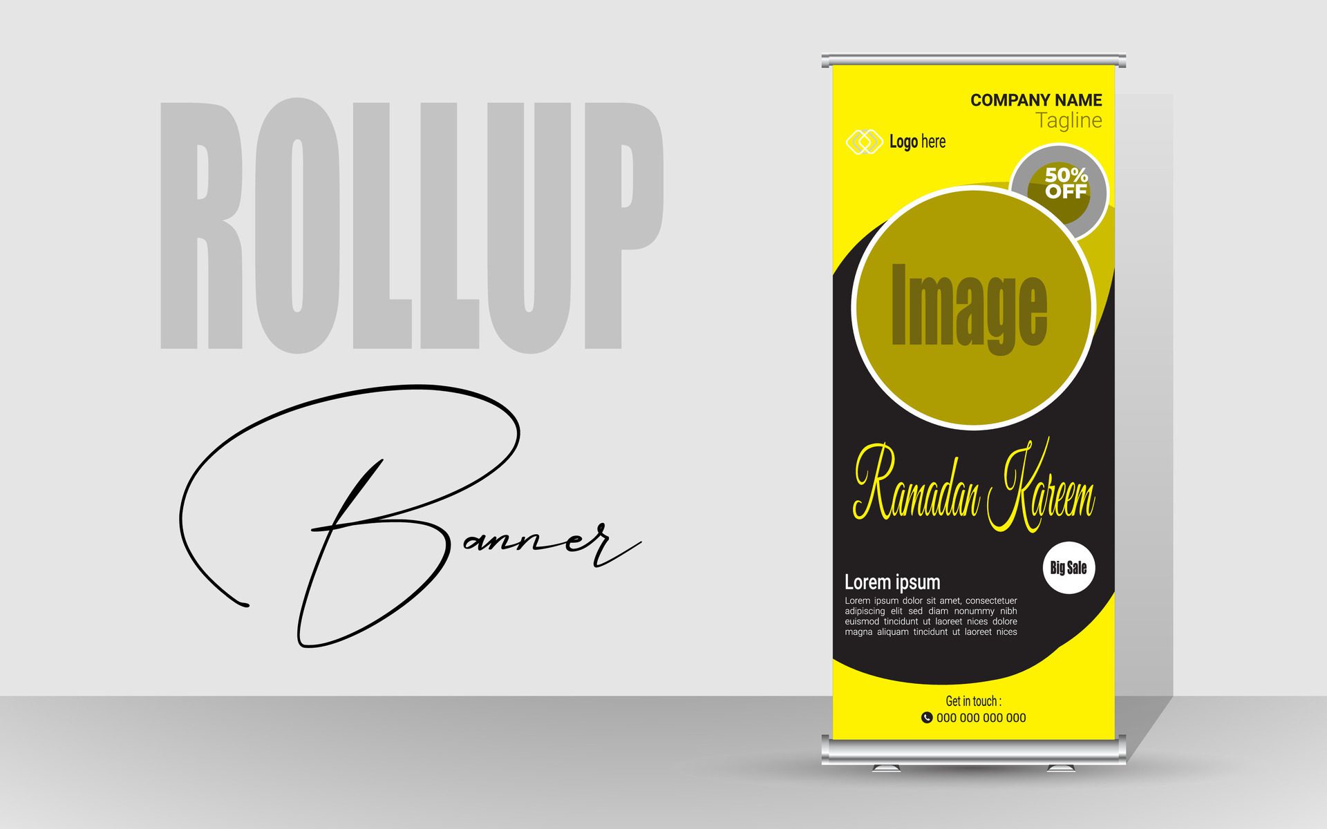 Roll up banner with a happy Ramadan design. unique meal banner for Ramadan. Rollup template for food menus. Free Vector