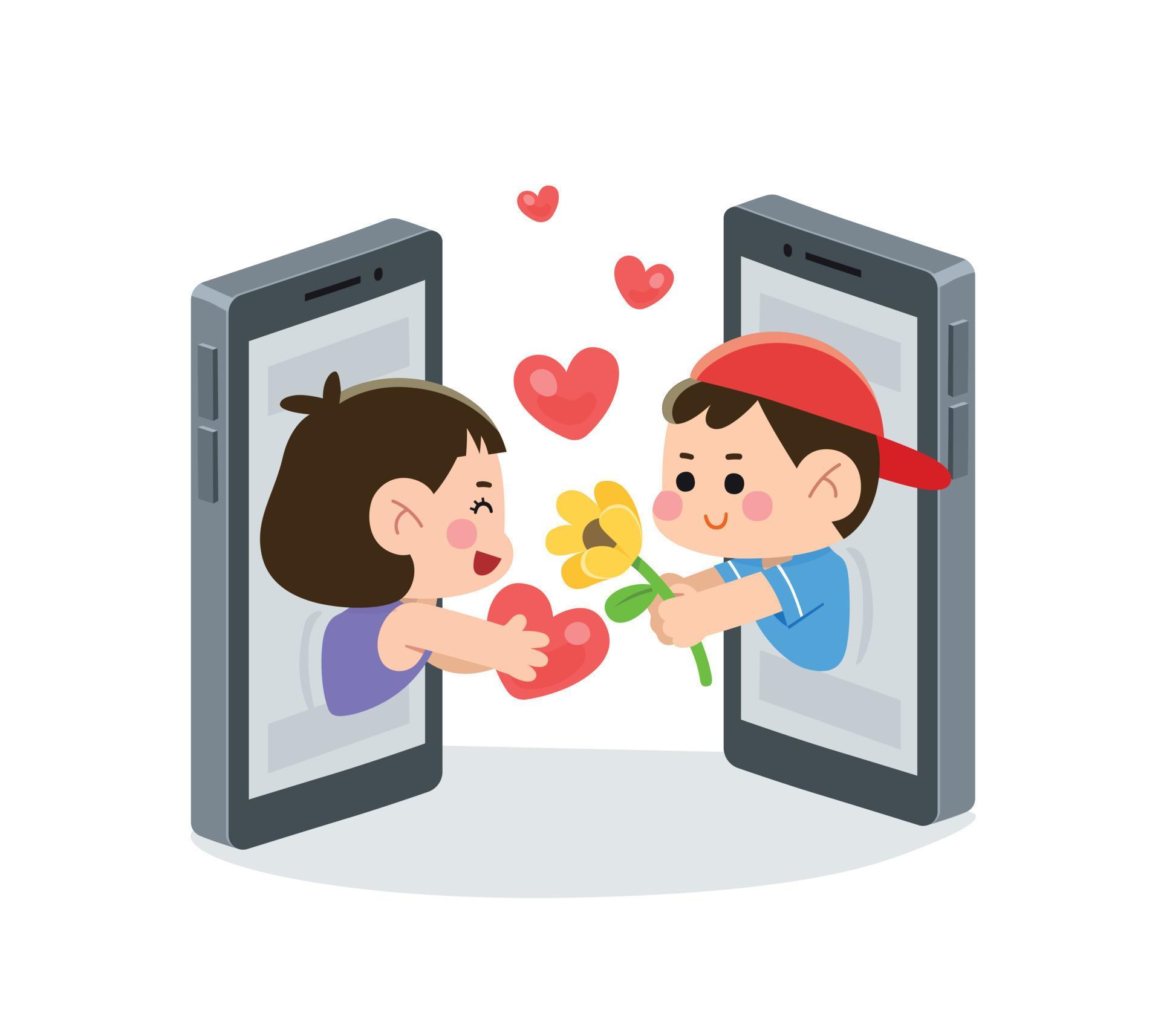 boy and girl give flower and heart to each other by online dating on mobile phone Stock Free