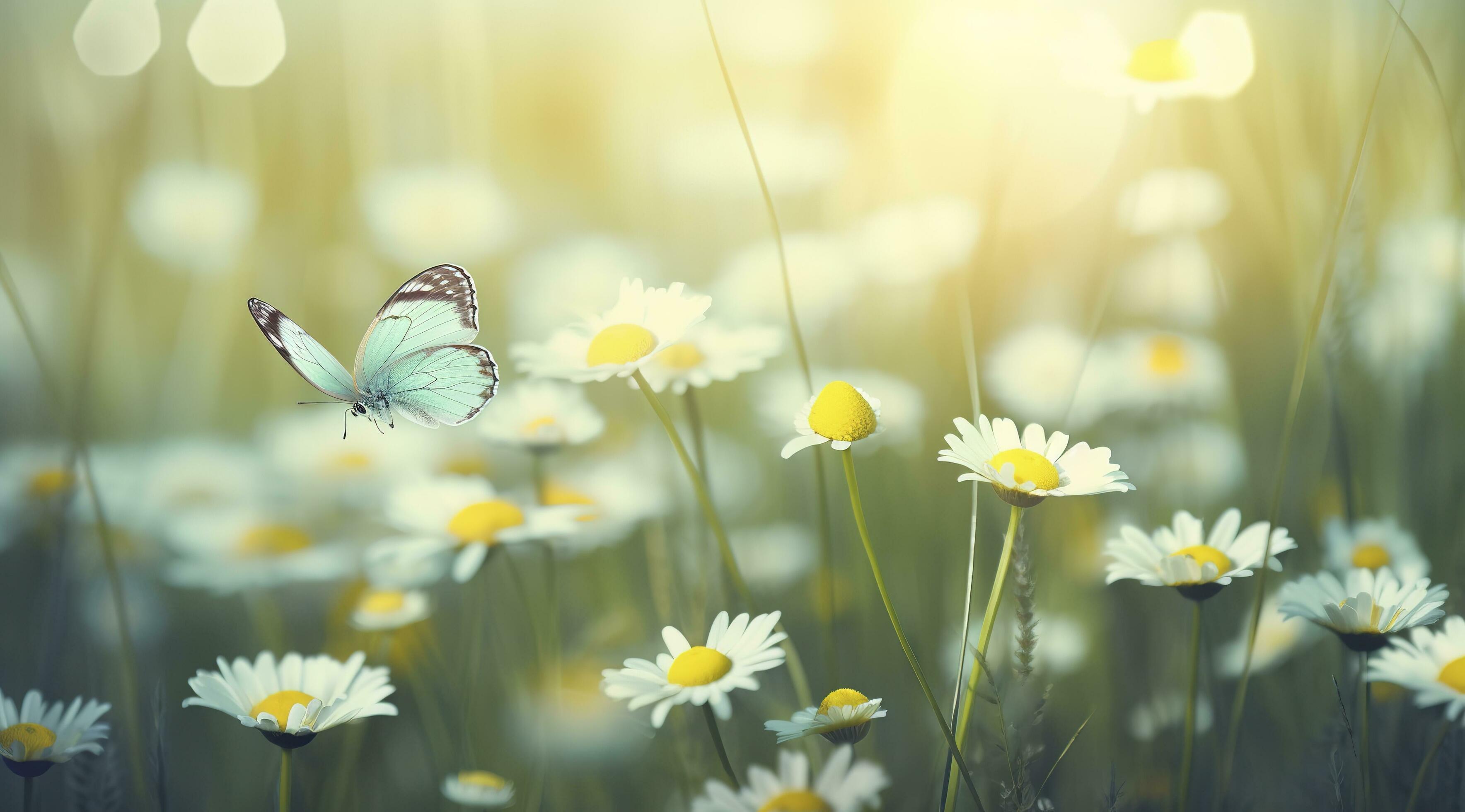 beautiful and colourful butterfly fluttering over the delicate Bellamy flowers daisies on a Sunny summer day, generate ai Stock Free