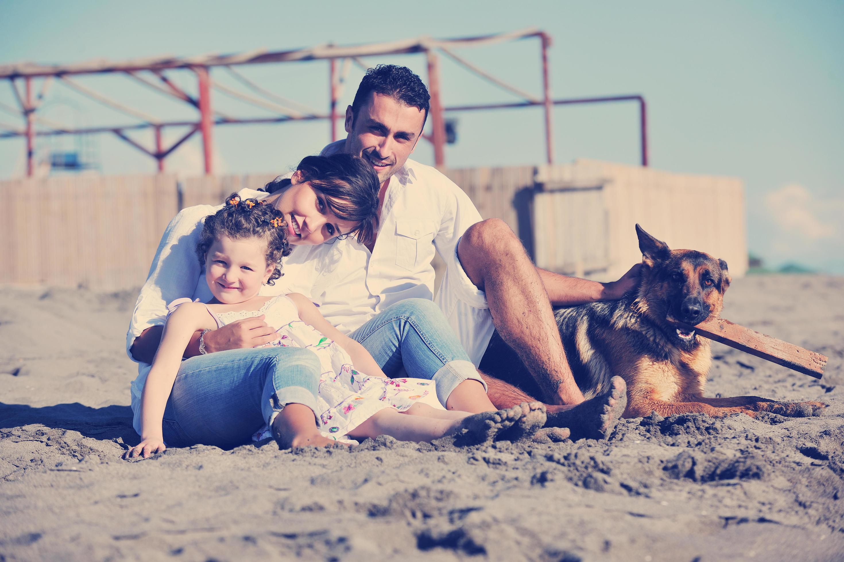 happy family playing with dog on beach Stock Free