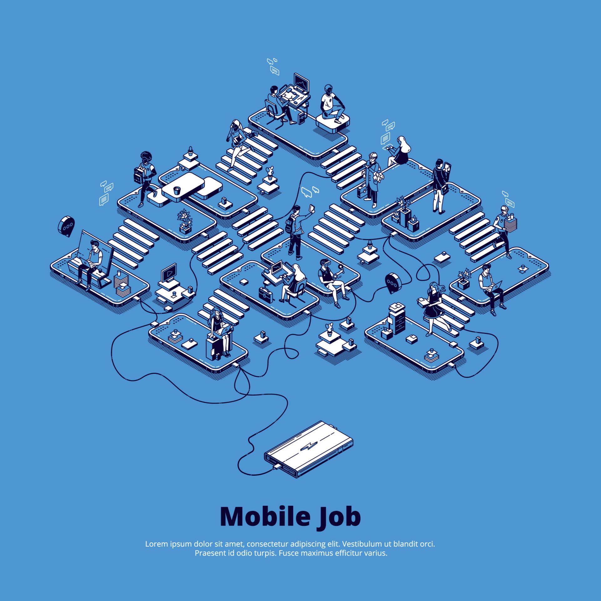 Vector isometric banner of mobile job Free Vector