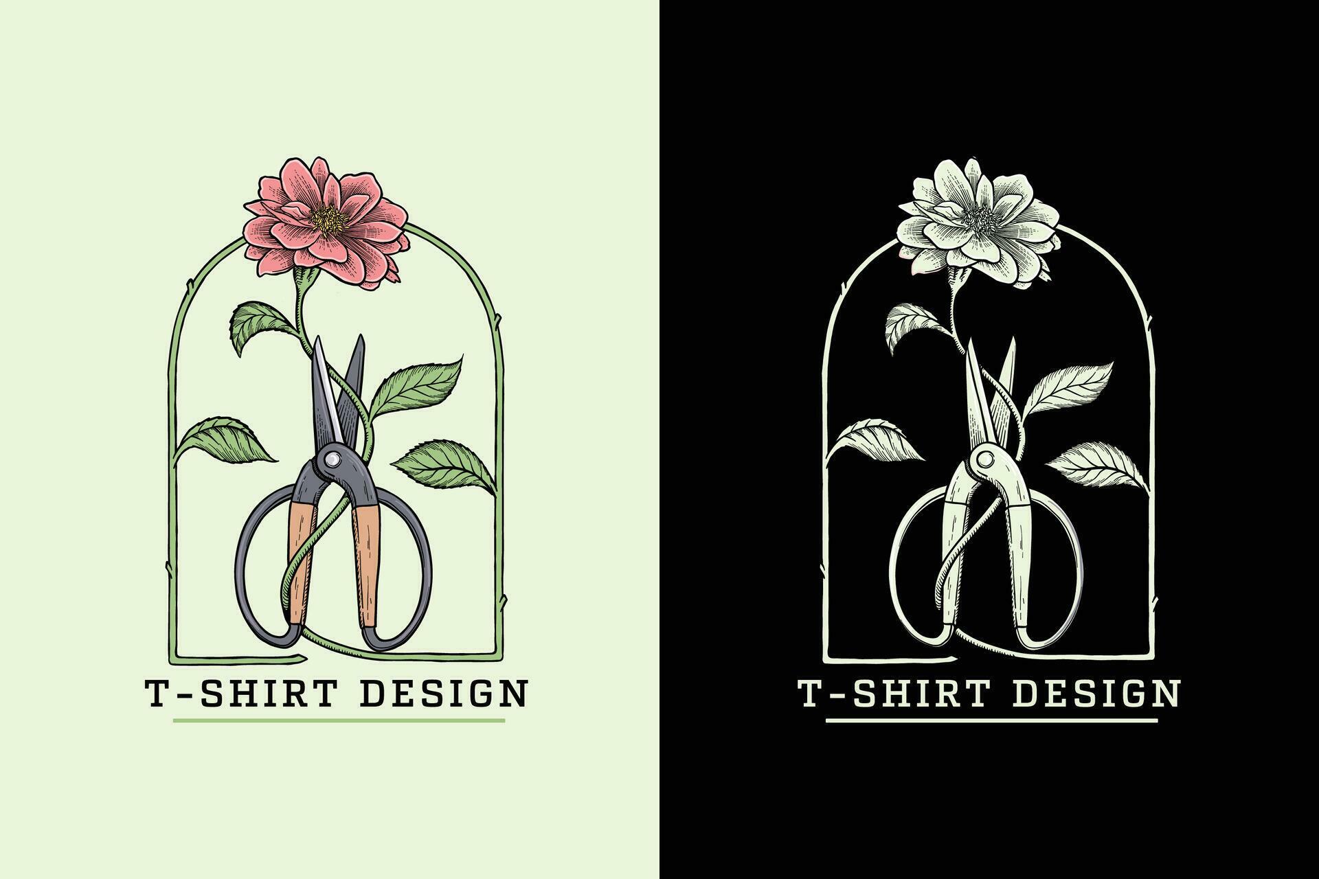 illustration of flowers with flower cutting scissors, classic vintage style t-shirt design Stock Free