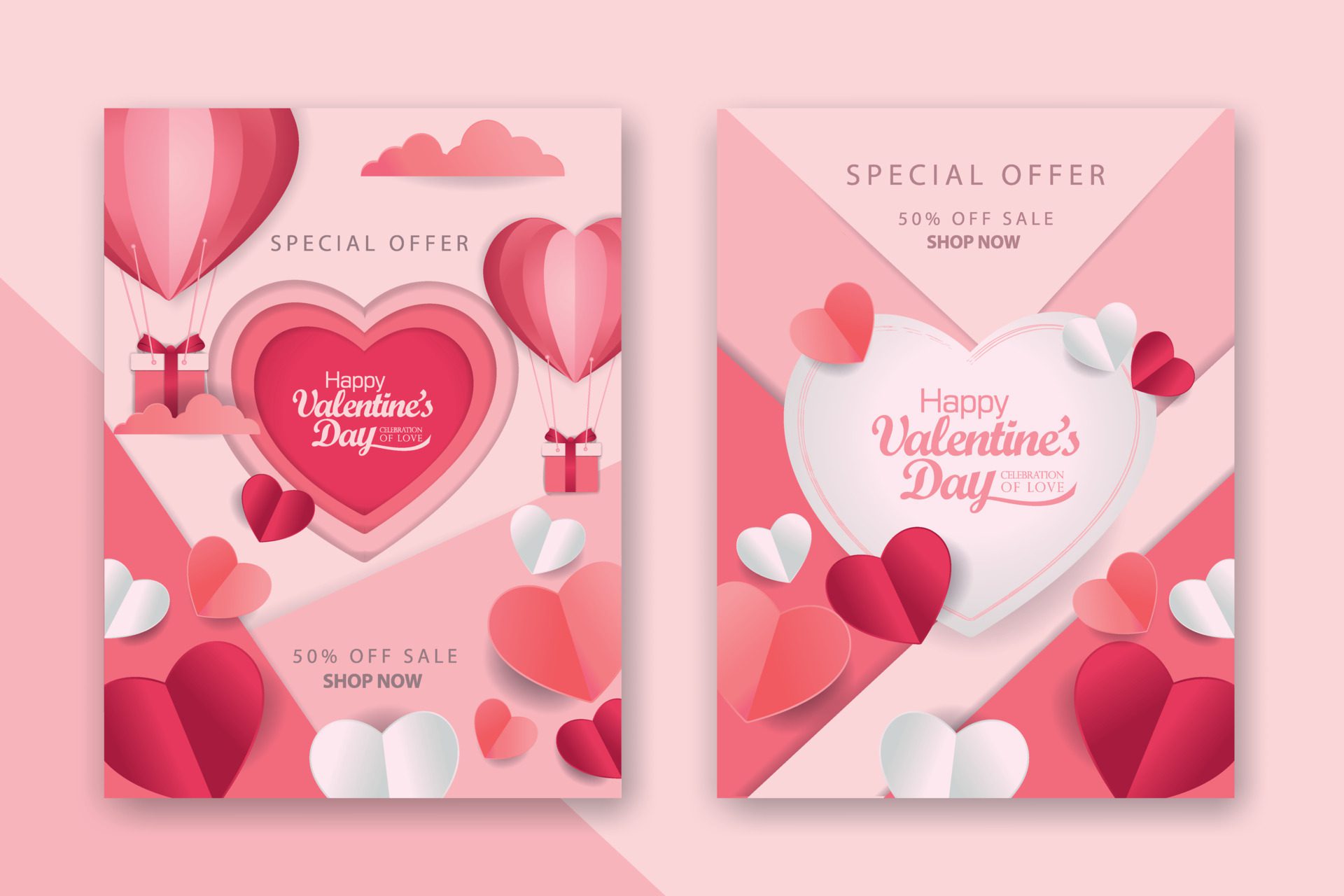 Valentine’s day concept posters set with red 3d and pink paper hearts and frame on geometric background. Cute love sale banners or greeting cards Free Vector