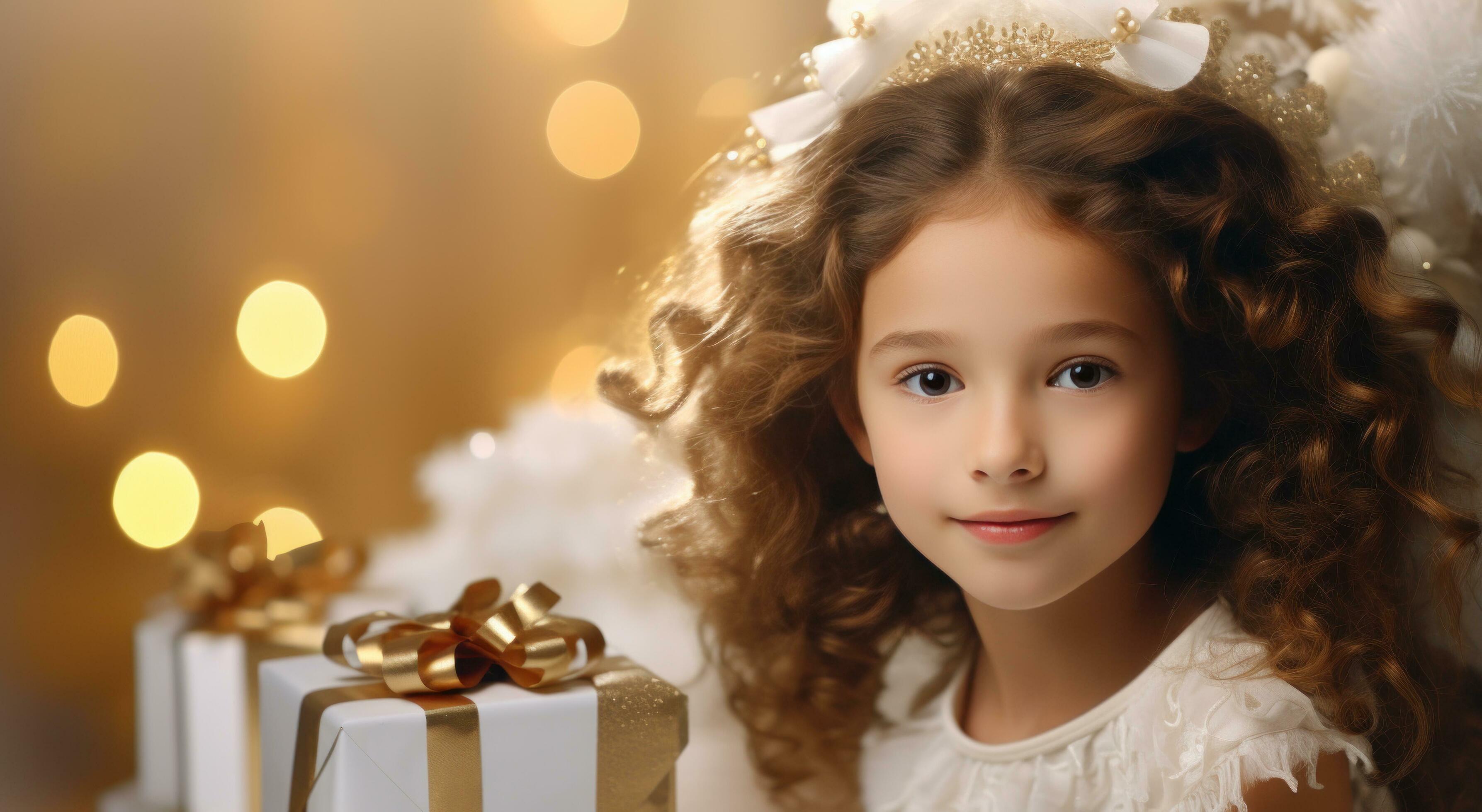 AI generated family portrait of a girl with christmas presents near christmas tree Stock Free