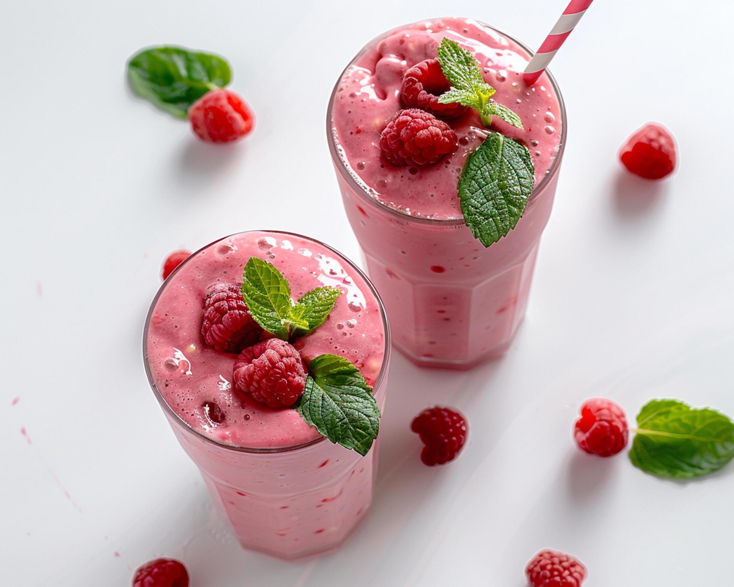 two glasses of raspberry smoothie with mint leaves Stock Free